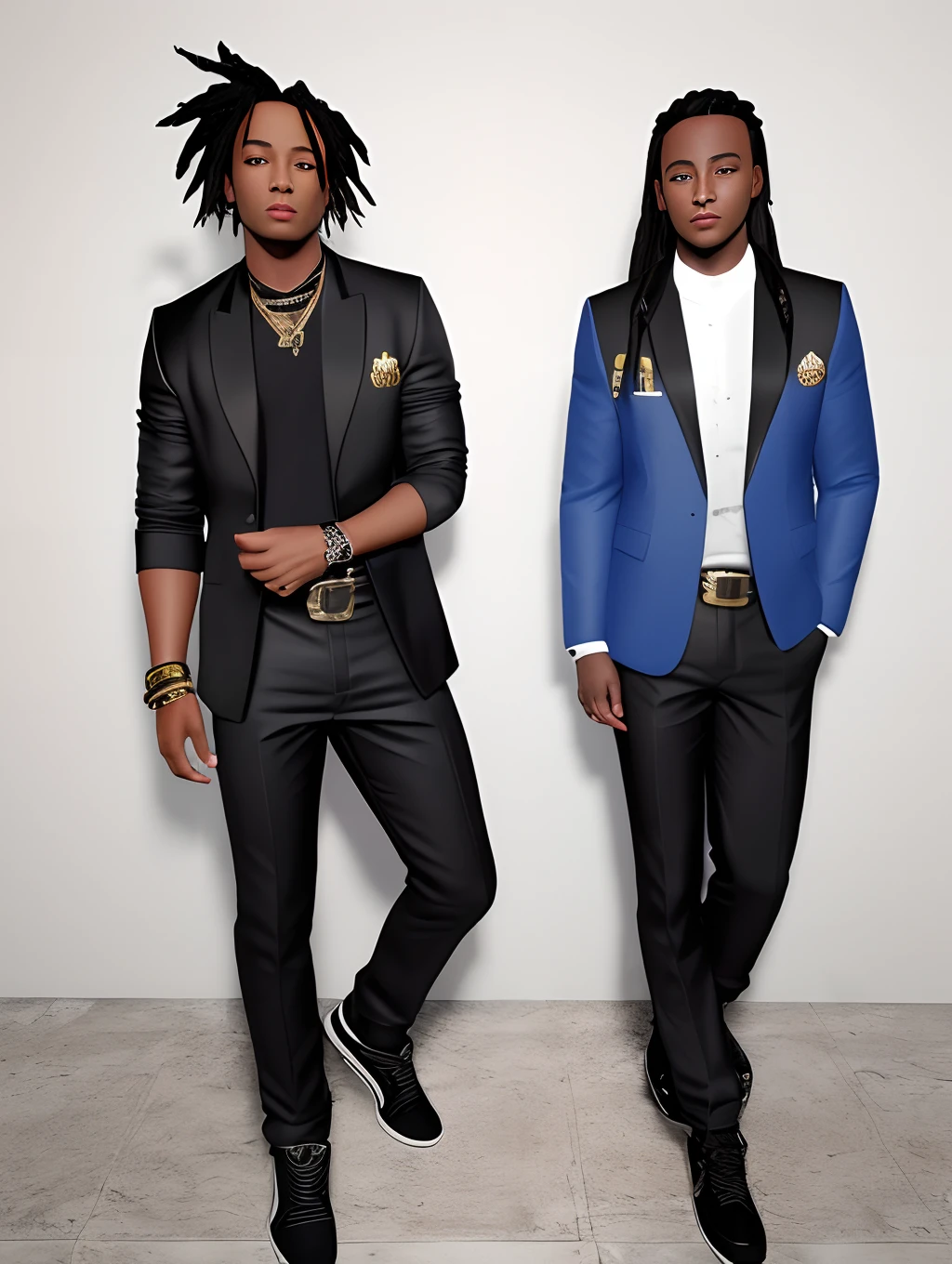 2dark skinned african young boys with blue eyes and a black jacket, black dreadlocks, dreadlock style hair, in 3d style, shoes white sneakers, colored sketch, unrealistic character concept, character concept portrait of us, detailed character portrait, anime 3d style character, 3d cartoon style portrait, a character portrait, cel - shaded art style, their attire consists of a black, unbuttoned blazer with gold colored buttons on the front of the blazer and on the bottom of their sleeves and they wear a black v-neck shirt, arms fold in attitude, a black belt with a gold buckle, a smaller black belt that hangs loose on the side of their hip, and has on sneakers shoes with black buckles, inspired by King of rappers