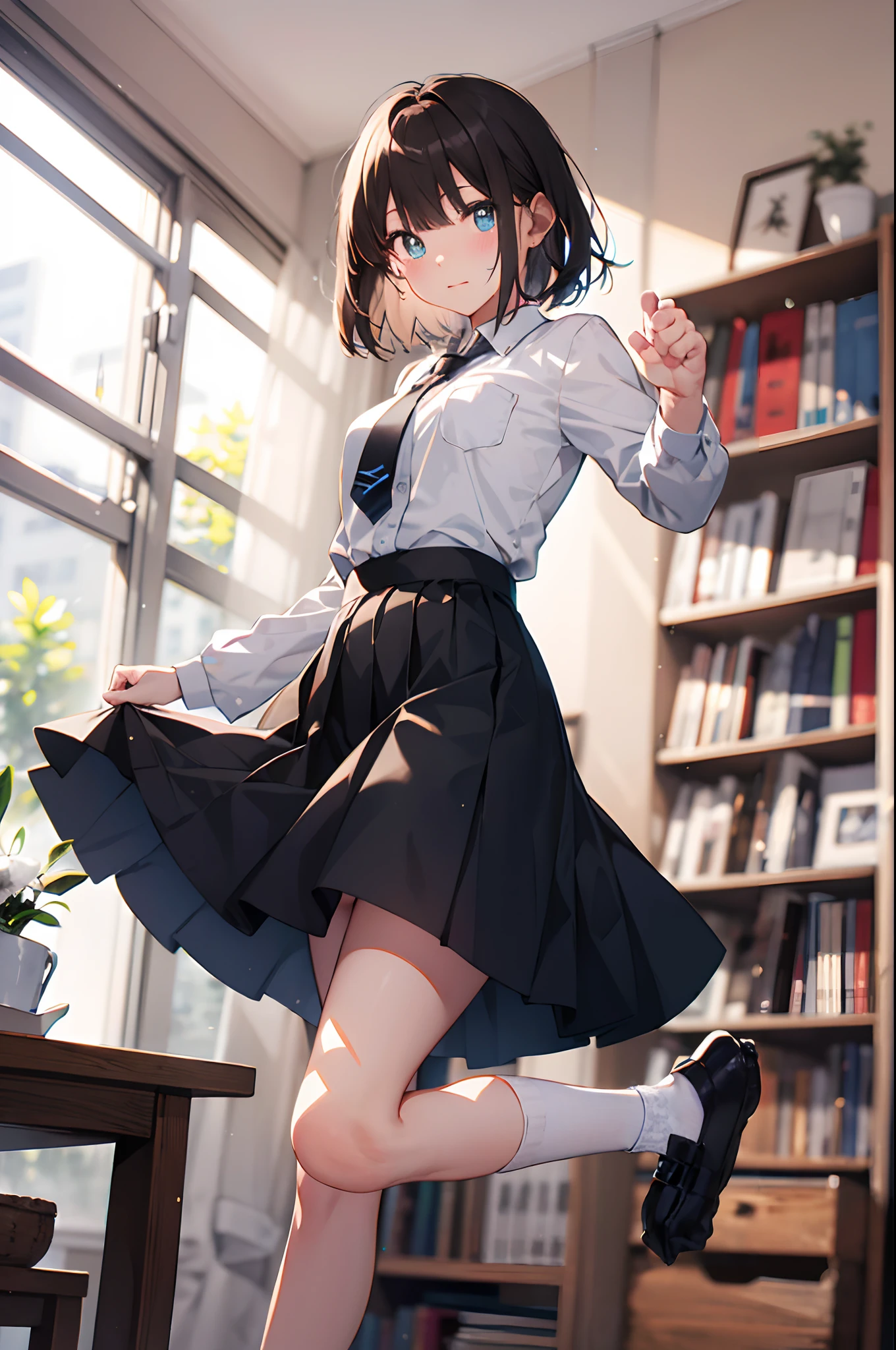(top-quality、in 8K、32K、​masterpiece、nffsw、超A high resolution、Impresionismo、Photorealsitic:1.2)、cowboy  shot、foco nítido、detailed faces and eyes、inside in room、atlibrary、Bookshelf in the background、Very quiet space、beauitful face、blurry backround、Sharp pupils、Realistic pupils、school ground、beauitful face、blurry backround、18 year old beautiful girl、shinny skin、Bery short hair、Beautiful dark brown hair、Blunt bangs、Dark blue eyes、Shirt、neck tie、Plaid miniskirt、Black socks、(Have a skirt、Lifting skirt、I can see the white panties:1.3)、(Embarrassed look:1.2)、Mel Kishida