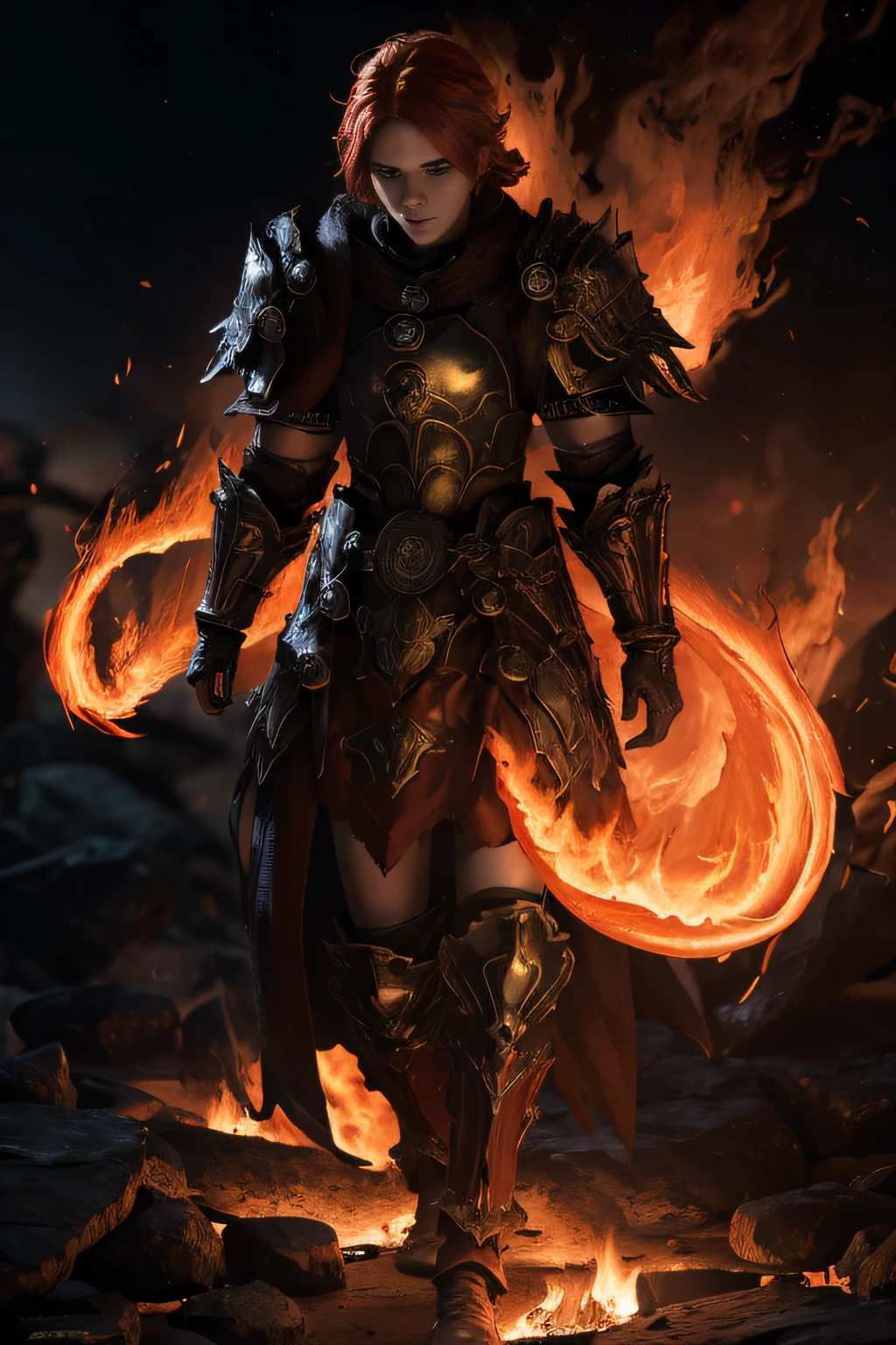 fantasy pyromancer,heavy armor,gazing,into the distance,mystical flames dancing around,fiery emblem,engraved on the chestplate,golden accents,reflected in the flames,burning ash,swirling,at their feet,crackling sound,echoes through the air,smoke billowing,casting an eerie glow,against the dark night sky,sparks flying,into the unknown,powerful presence,heat radiating,from their body,magical runes,glowing on the armor,bright red hair,flowing in the wind,scorched earth,under their footsteps,mysterious aura,illuminating the surroundings,concentrated expression,determination in their eyes,intense heat,emanating from their hands,creating a fiery whirlwind,commanding the flames,with their will,embodiment of fire and strength,(best quality,highres),intense color palette,highlighting the flames,dark shadows and highlights,creating depth and contrast,casting shadows on their face,metallic texture of the armor,reflecting the flames,sharp and detailed features,showcasing individual hair strands,created with precision,rich colors,echoing the intensity of the flames,moody atmosphere,accentuating the enigmatic nature of the pyromancer,dramatic lighting,capturing the flickering flames,giving life to the scene.