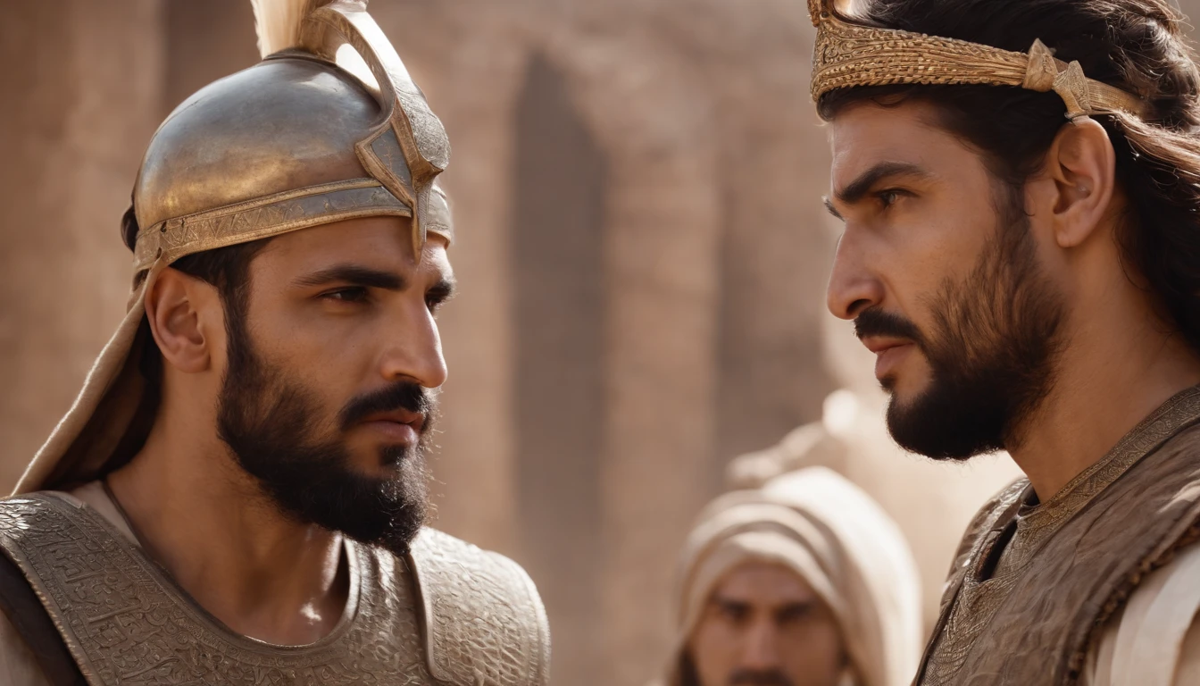 Two ancient Middle Eastern warriors, one looking at each other as if facing each other as if they were going to face each other, ready to fight, realistic image, 3d rendering