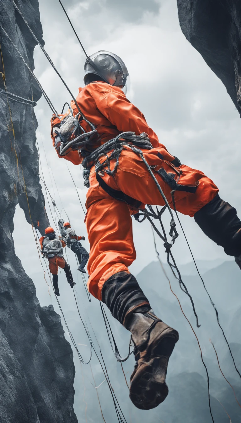 chineseidol,People who carry out rope rescue training,(A group of climbers:1.1),Rescue operations,action sports,climbing,mountain peaks,Cord,challenge,highly,Courage,(Heroic rescue scene:1.2),Emergency Response Team,full body shot of, (Jaw-dropping effect), ,(Studio lighting), hyper HD, International Association of Rope Technology,Explore boldly,Rope rescue techniques,Create a studio-like environment, Enhance visual impact