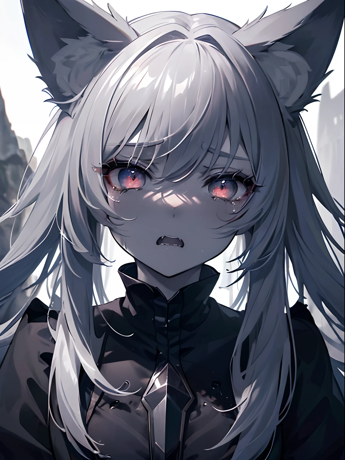 (masterpiece,best quality,ultra-detailed),1girl,open mouth, sharp teeth, fangs,wolf ears,beautiful and detailed face, detailed eyes,looking at viewer,small chest,((grey theme),((depression, sadness, melancholy)),tired expression,sad,swollen eyelids,((very close up)),criying,a dark cave in the background