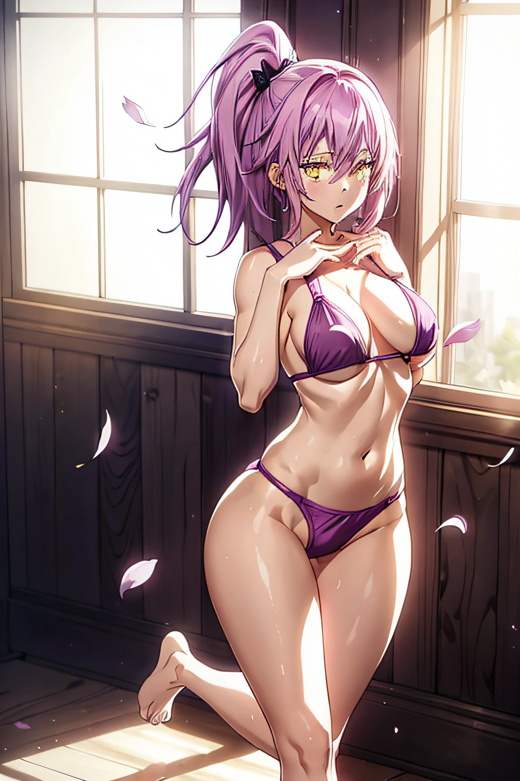 1 girl from an anime with purple hair, in the room showing her  to me, big , 1girl, solo, cute, yellow eyes, petals, pink hair, looking at the viewer ((tensure)), ((last)), wearing a short , side ponytail, toned legs, thick muscular thighs, thin waist, muscular belly, barefoot, 8K, ultra realistic