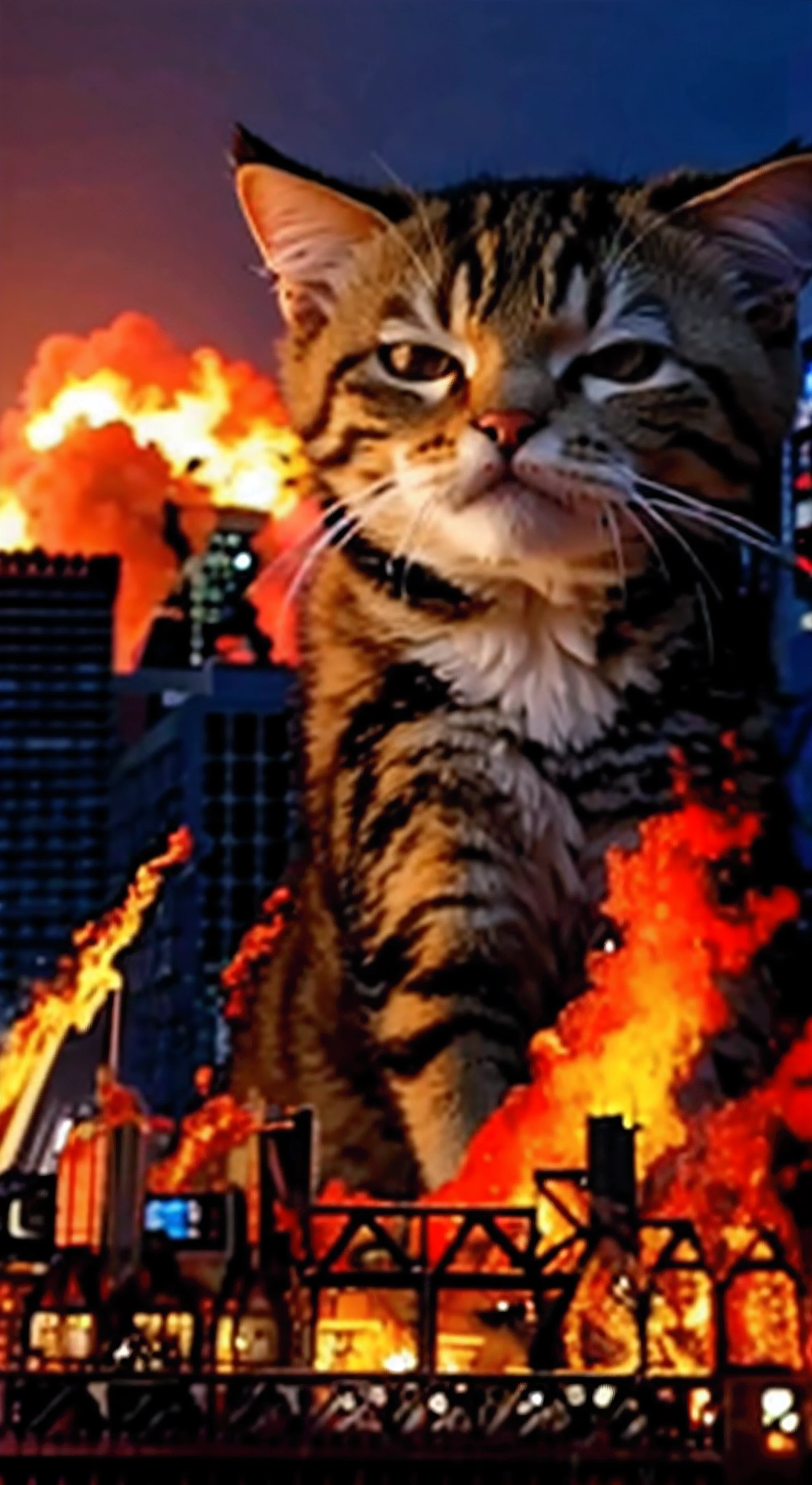 Flames and smoke surround cat at the top of the building, cat attacking tokyo, The background is on fire, The city is on fire, Paisagem infernal real no fundo, demon cat, Ballet disaster, gato zangado, the world is on fire, this is fine, but can only be burned, this is hell, catastrophe, cena em chamas ao fundo, Fires burning everywhere