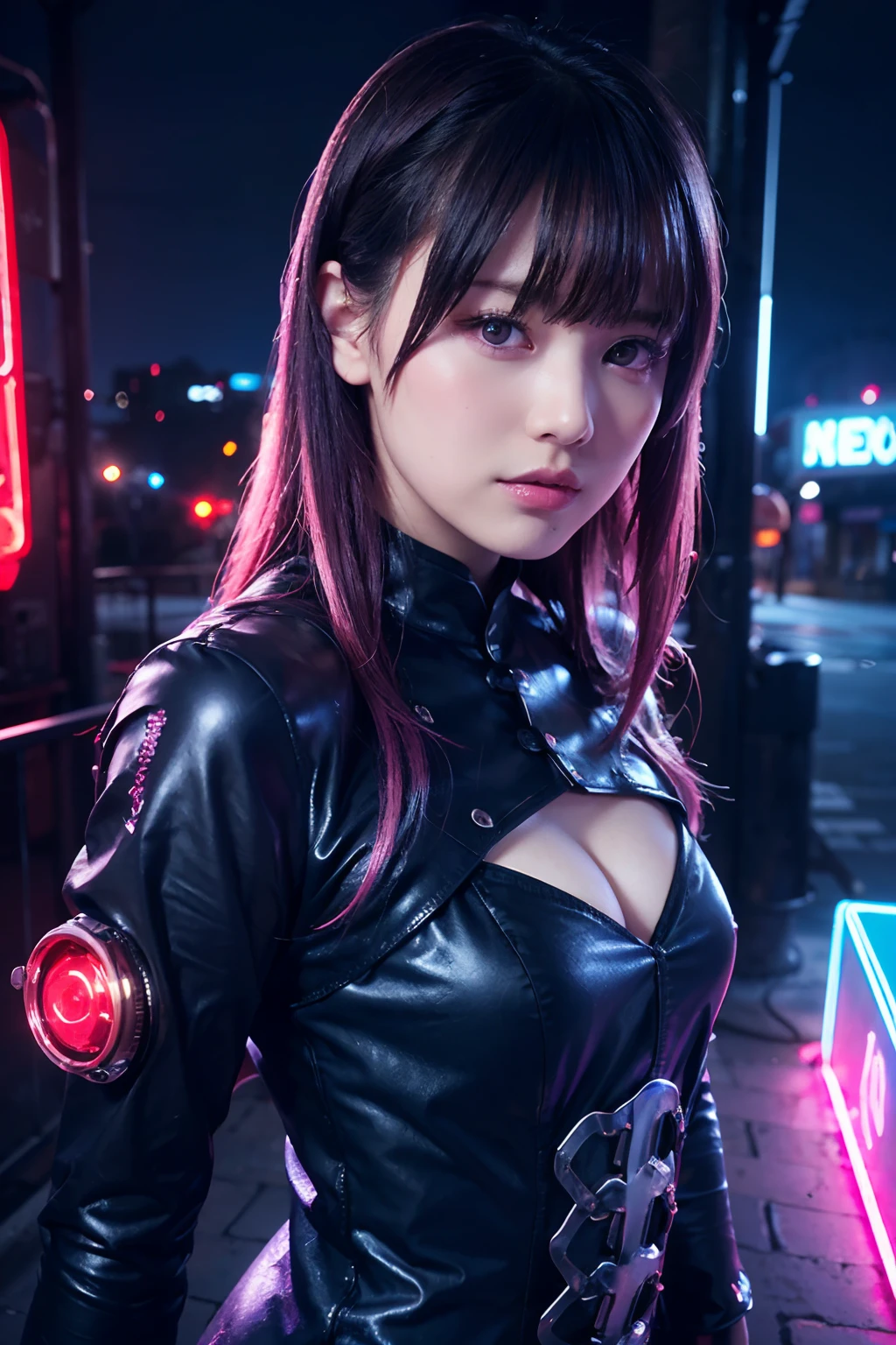 ((masutepiece)), ((Best Quality)), (Ultra-detailed), ((Extremely detailed)), 4K, (8K), Best Quality, (Beautiful), Dynamic Angle 0, Cute girl s, 1girl in, Solo, Steampunk, Neon-like dress, beautiful rainbow hair, Beautiful iridescent eyes, ((Beautiful eyes))0, Luminous Eyes, Cool, Neon light, Neon Town
