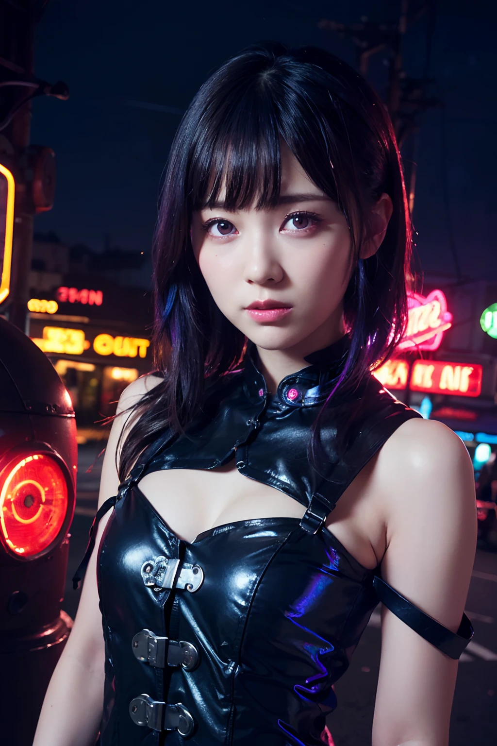 ((masutepiece)), ((Best Quality)), (Ultra-detailed), ((Extremely detailed)), 4K, (8K), Best Quality, (Beautiful), Dynamic Angle 0, Cute girl s, 1girl in, Solo, Steampunk, Neon-like dress, beautiful rainbow hair, Beautiful iridescent eyes, ((Beautiful eyes))0, Luminous Eyes, Cool, Neon light, Neon Town
