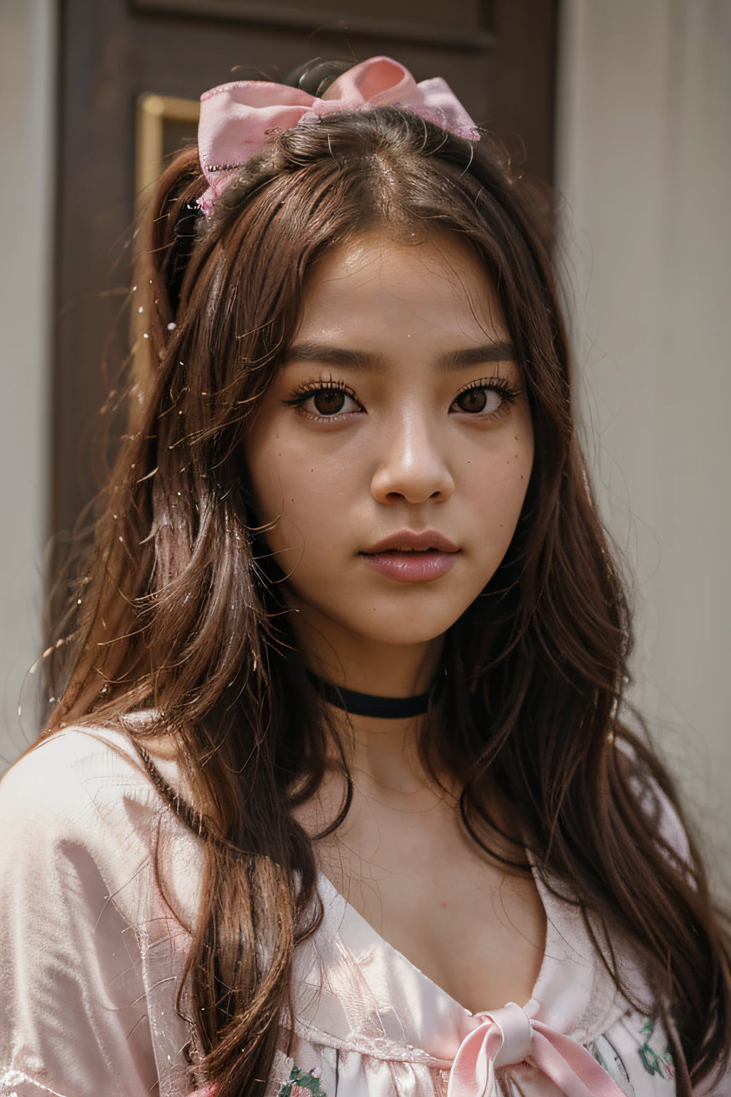 A closeup of a woman with a pink bow on her head, Parque Roseanne do Blackpink, jisoo do rosa preto, Jisoo do Blackpink, Retrato Jisoo Blackpink, Retrato de Jossi de Blackpink, jossi do rosa preto, Kim Doyoung, tzuyu de duas vezes, jia, Lalisa Manoban do Blackpink, Jinyoung Canela, rosa preto, Portrait of female Korean idol