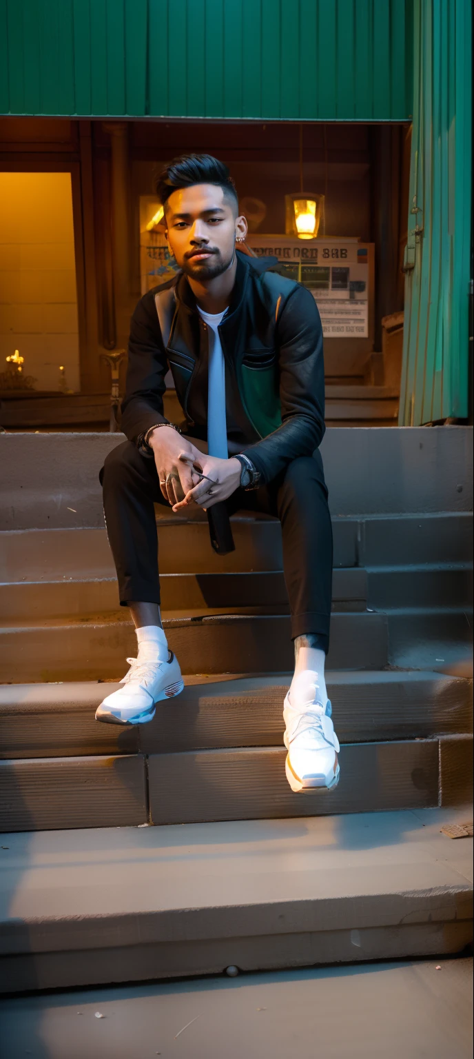 there is a man sitting on the steps of a building, with a cool pose, full body picture, candid picture, cool pose, stylish pose, full body photogenic shot, very cool pose, very artistic pose, full body photgraph, doing an elegant pose, with lovely look, taken with sony alpha 9, taken with a canon dslr camera, satisfied pose