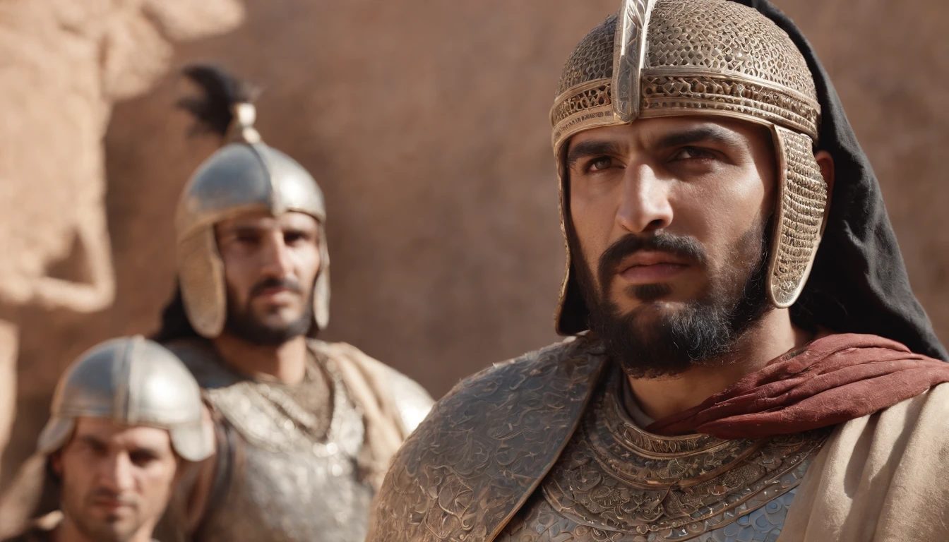 Two ancient Middle Eastern warriors looking at each other, furious as if ready to fight, realistic image, 3d rendering