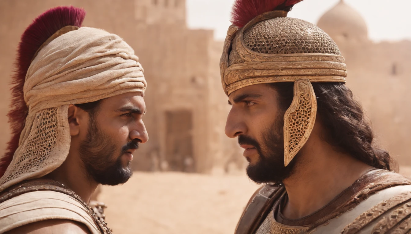 Two ancient Middle Eastern warriors looking at each other, furious as if ready to fight, realistic image, 3d rendering