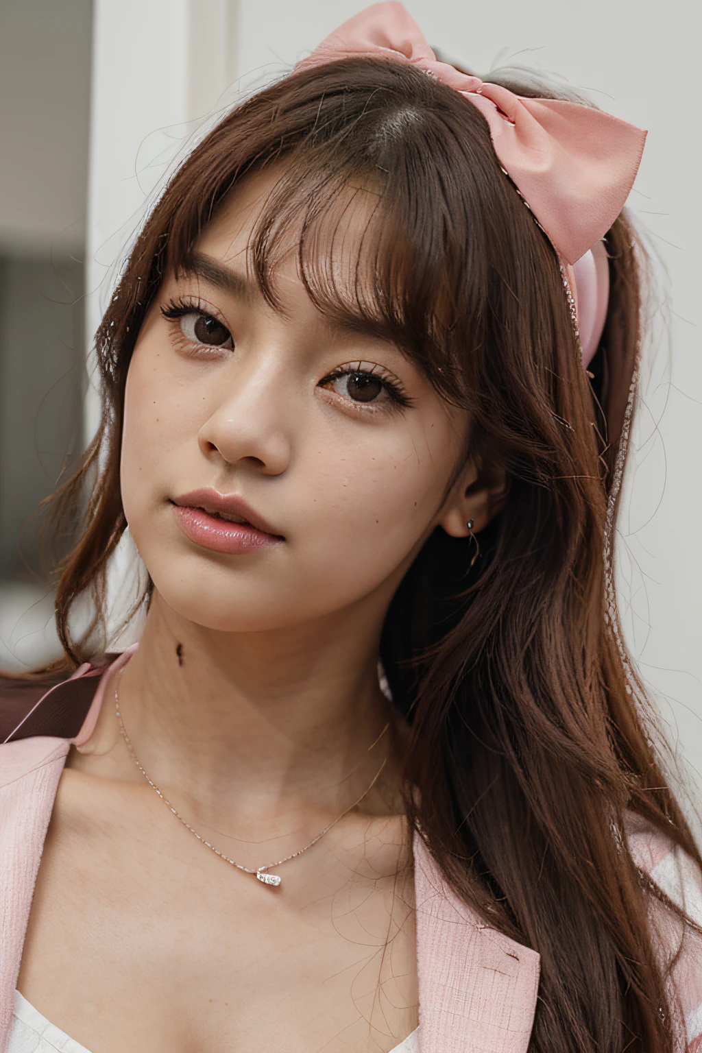 A closeup of a woman with a pink bow on her head, Parque Roseanne do Blackpink, jisoo do rosa preto, Jisoo do Blackpink, Retrato Jisoo Blackpink, Retrato de Jossi de Blackpink, jossi do rosa preto, Kim Doyoung, tzuyu de duas vezes, jia, Lalisa Manoban do Blackpink, Jinyoung Canela, rosa preto, Portrait of female Korean idol