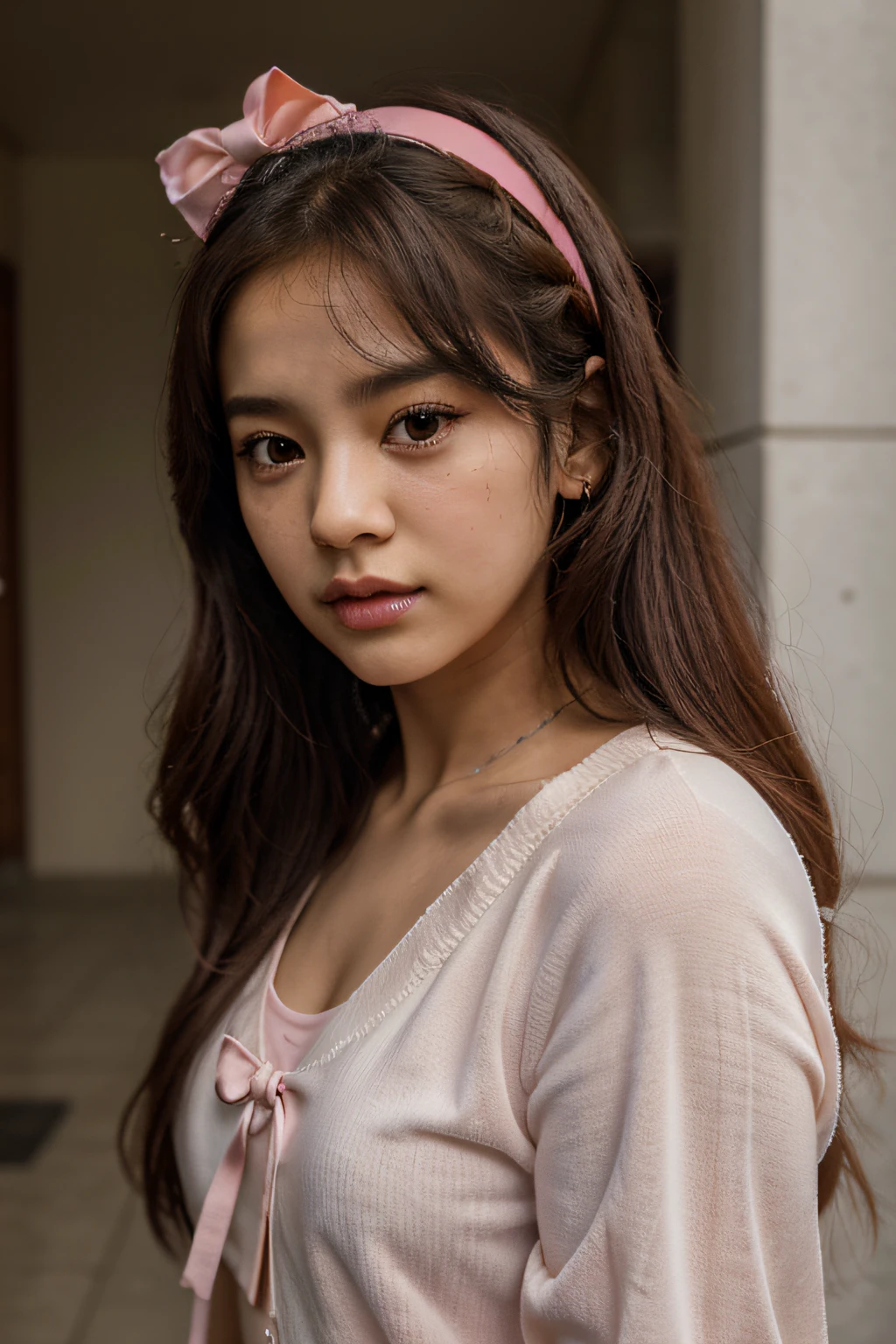A closeup of a woman with a pink bow on her head, Parque Roseanne do Blackpink, jisoo do rosa preto, Jisoo do Blackpink, Retrato Jisoo Blackpink, Retrato de Jossi de Blackpink, jossi do rosa preto, Kim Doyoung, tzuyu de duas vezes, jia, Lalisa Manoban do Blackpink, Jinyoung Canela, rosa preto, Portrait of female Korean idol