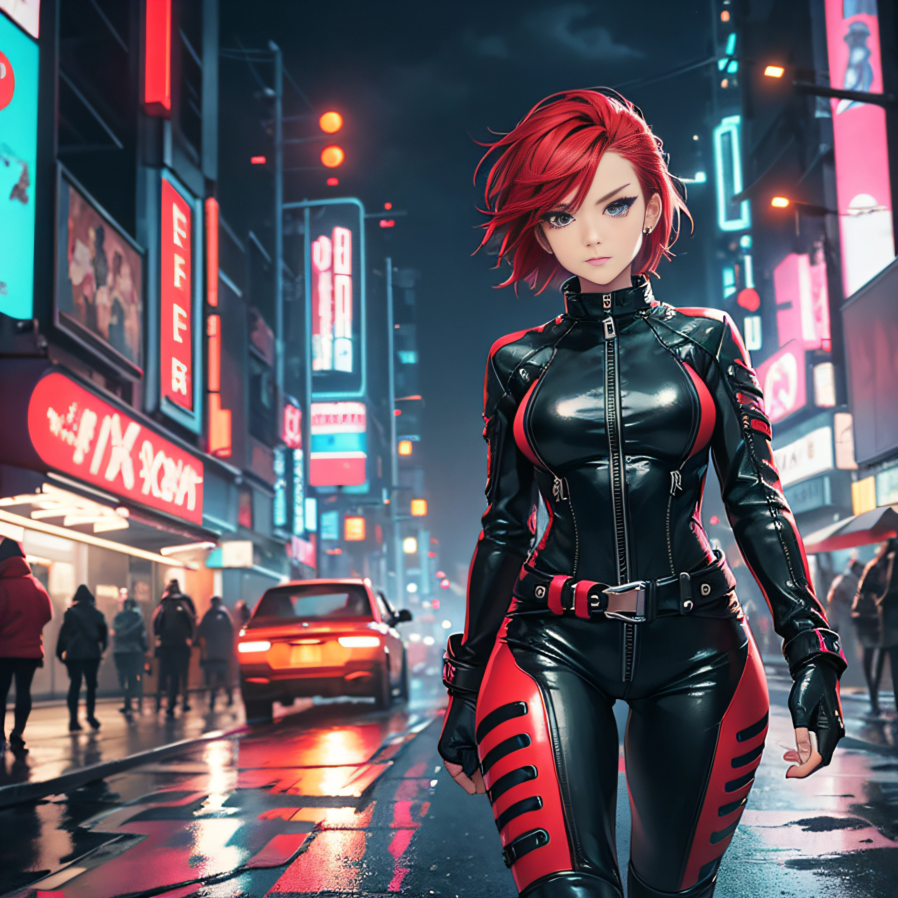 biker girl, motorcycle, Leather one-piece garment, Short hair, Dark colors, Cyberpunk, Neon lights, Red hair, Sexy, tightsuit, Night, the city street, mitts, rain