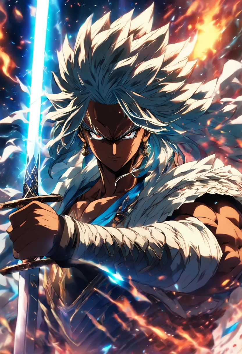 Um cavaleiro branco sem capacete, cabelo preto um olhos azuis, With a sword behind his chest looking ahead