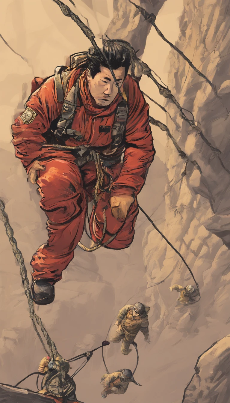 chineseidol,People who carry out rope rescue training,(A group of climbers:1.1),Rescue operations,action sports,climbing,mountain peaks,Cord,challenge,highly,Courage,(Heroic rescue scene:1.2),Emergency Response Team,full body shot of, (Jaw-dropping effect), ,(Studio lighting), hyper HD, International Association of Rope Technology,Explore boldly,Rope rescue techniques,Create a studio-like environment, Enhance visual impact