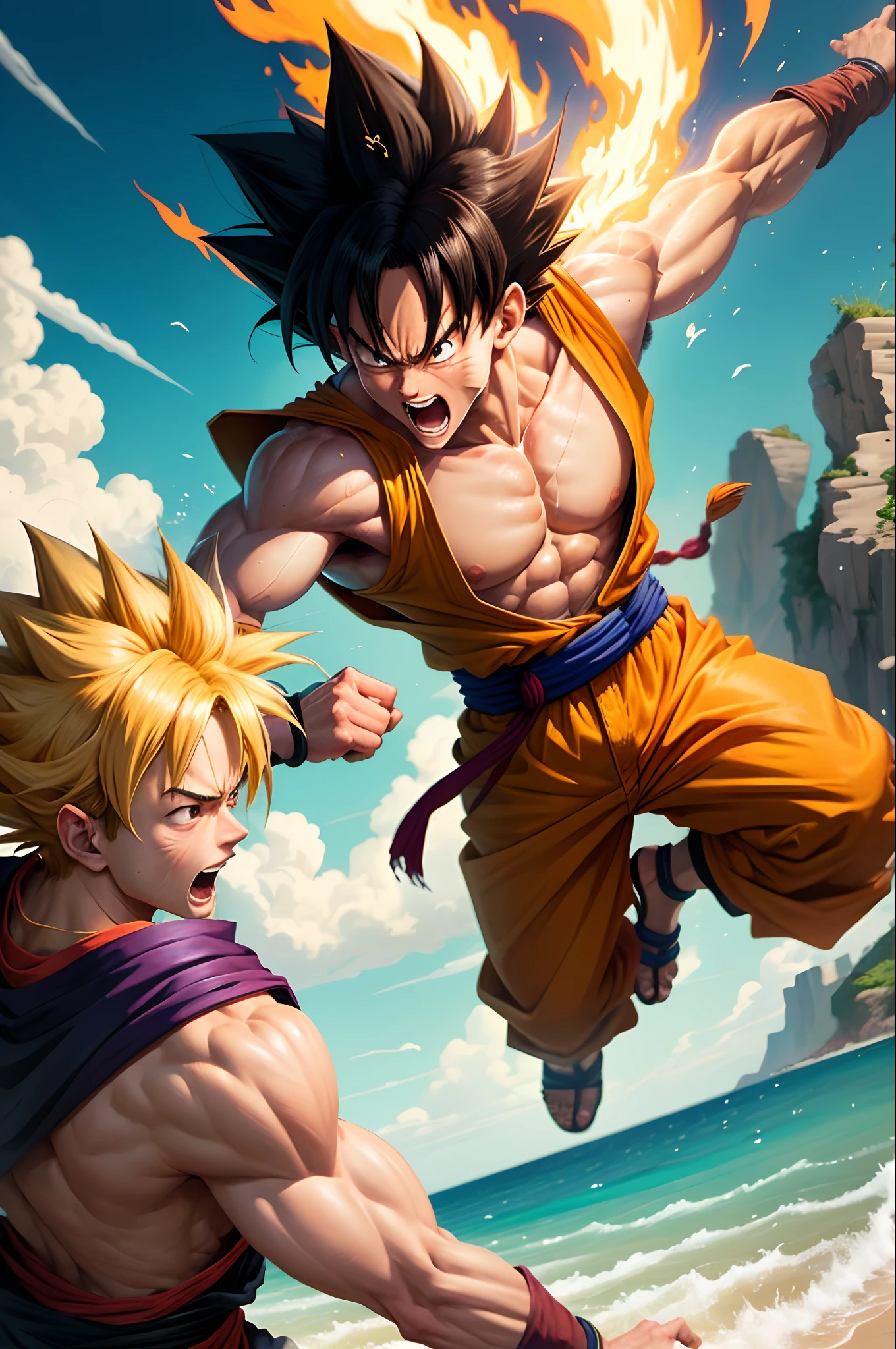 Goku fighting Naruto and Luffy