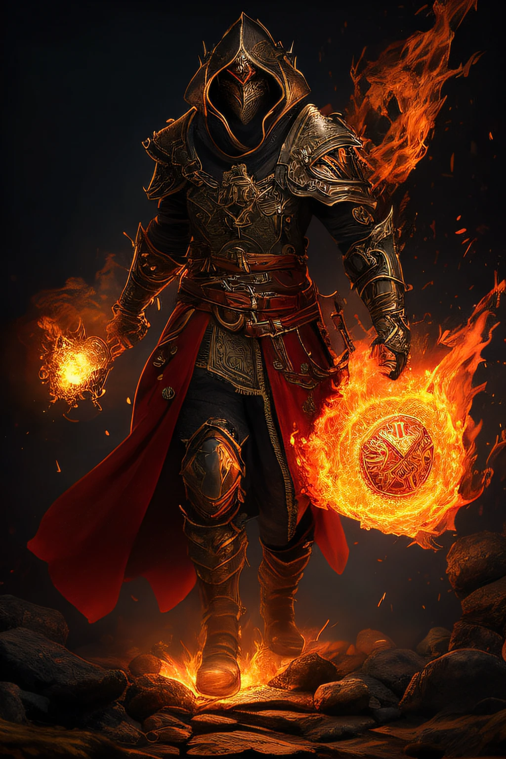 fantasy pyromancer,heavy armor,helmet,gazing,into the distance,mystical flames dancing around,fiery emblem,engraved on the chestplate,golden accents,reflected in the flames,burning ash,swirling,at their feet,crackling sound,echoes through the air,smoke billowing,casting an eerie glow,against the dark night sky,sparks flying,into the unknown,powerful presence,heat radiating,from their body,magical runes,glowing on the armor,bright red hair,flowing in the wind,scorched earth,under their footsteps,mysterious aura,illuminating the surroundings,concentrated expression,determination in their eyes,intense heat,emanating from their hands,creating a fiery whirlwind,commanding the flames,with their will,embodiment of fire and strength,(best quality,highres),intense color palette,highlighting the flames,dark shadows and highlights,creating depth and contrast,casting shadows on their face,metallic texture of the armor,reflecting the flames,sharp and detailed features,showcasing individual hair strands,created with precision,rich colors,echoing the intensity of the flames,moody atmosphere,accentuating the enigmatic nature of the pyromancer,dramatic lighting,capturing the flickering flames,giving life to the scene.