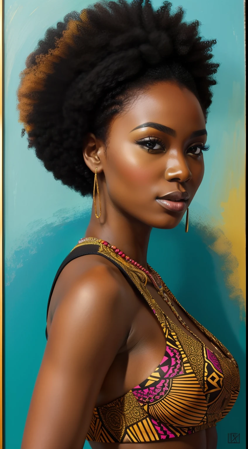 An image of a stunning black woman with a large bust. The woman is depicted in vibrant colors and patterns, Celebrating its African heritage. The artwork features intricate details and bold brushstrokes, capturing the essence of its beauty and brilliance. The image is ideal for a contemporary and culturally inspired wall artwork.