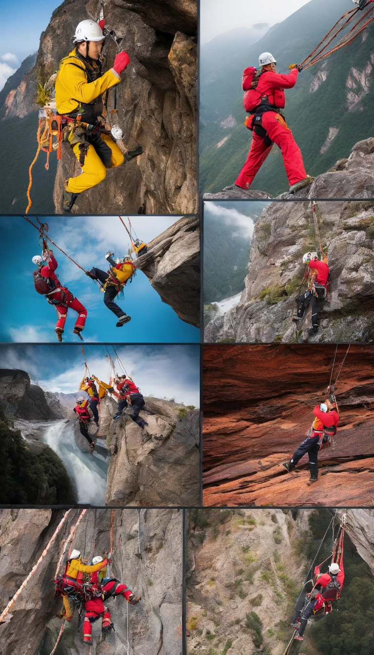 chineseidol,People who carry out rope rescue training,(A group of climbers:1.1),Rescue operations,action sports,climbing,mountain peaks,Cord,challenge,highly,Courage,(Heroic rescue scene:1.2),Emergency Response Team,full body shot of, (Jaw-dropping effect), ,(Studio lighting), hyper HD, International Association of Rope Technology,Explore boldly,Rope rescue techniques,Create a studio-like environment, Enhance visual impact
