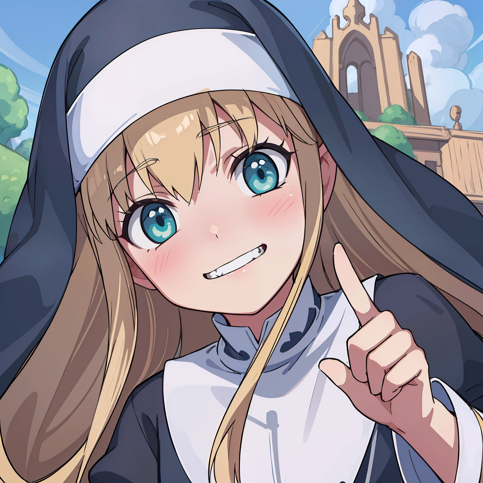 hiquality, tmasterpiece (one girls) nun. Cassock clothing. blonde woman. Detailed teeth. Cyan eyes. ssmile. Against the background of the sky, temple. the trees. Hand with fingers. happy face.