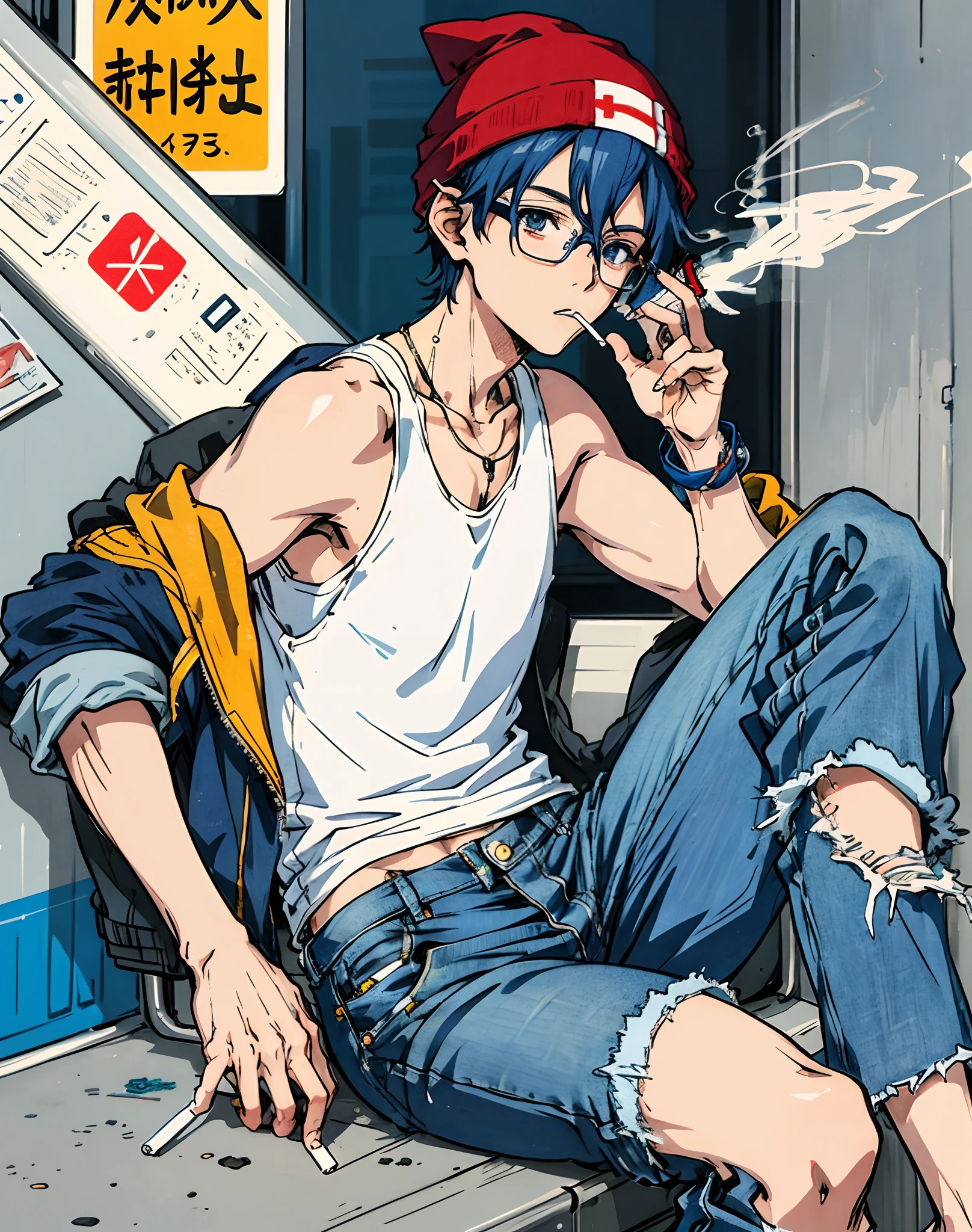 Anime boy with small glasses holding a lighter in his left hand and a cigarette in his mouth sitting outside wearing a beanie, a tanktop, and blue jeans