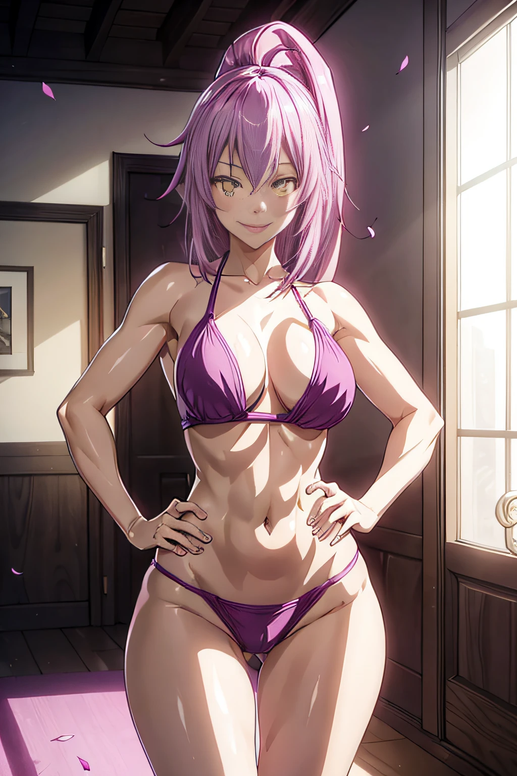 girl from an anime with purple hair, in the room with her hands on her hips, big ass, 1girl, solo, smiling at me, yellow eyes, petals, pink hair, ((tension)), ((last)), wearing a thong bikini, side ponytail, toned legs, thick muscular thighs, thin waist, muscular belly, barefoot, 8K, ultra realistic, standing