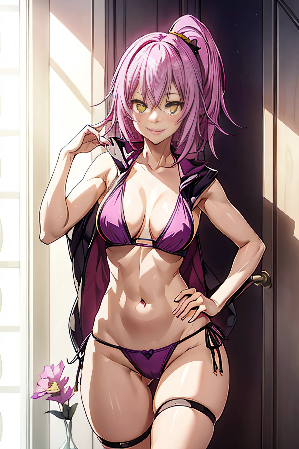 girl from an anime with purple hair, in the room with her hands on her hips, big ass, 1girl, solo, smiling at me, yellow eyes, petals, pink hair, ((tension)), ((last)), wearing a thong bikini, side ponytail, toned legs, thick muscular thighs, thin waist, muscular belly, barefoot, 8K, ultra realistic, standing