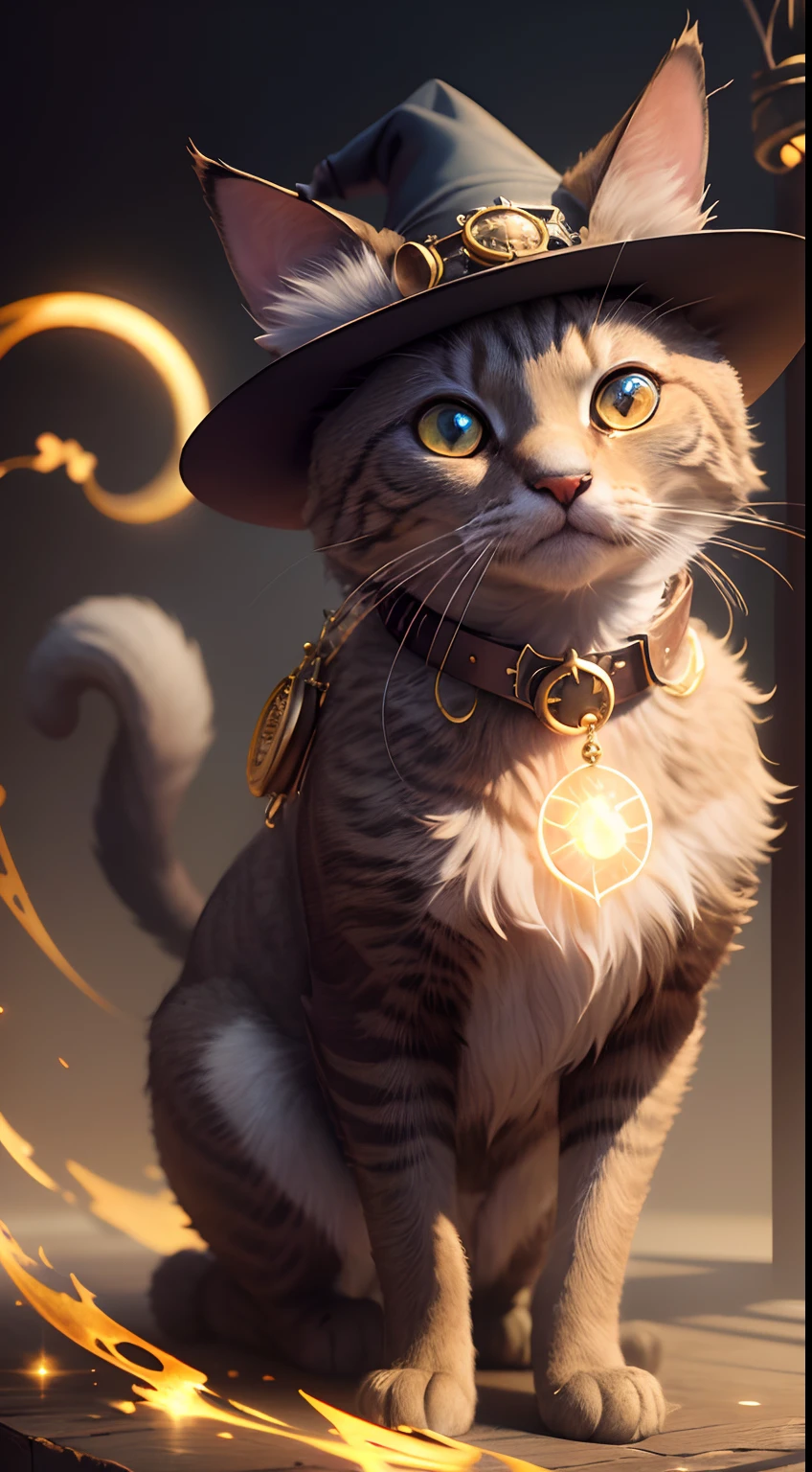 a cg render of a cat [:with a witch hat:8], (animal), professional imge,4k,cute, magic,magical, (no_humans:1.5), spell, beautiful furr, four paws, glow, steampunk style, golden details, beautiful tail, collar, glowing penddant
