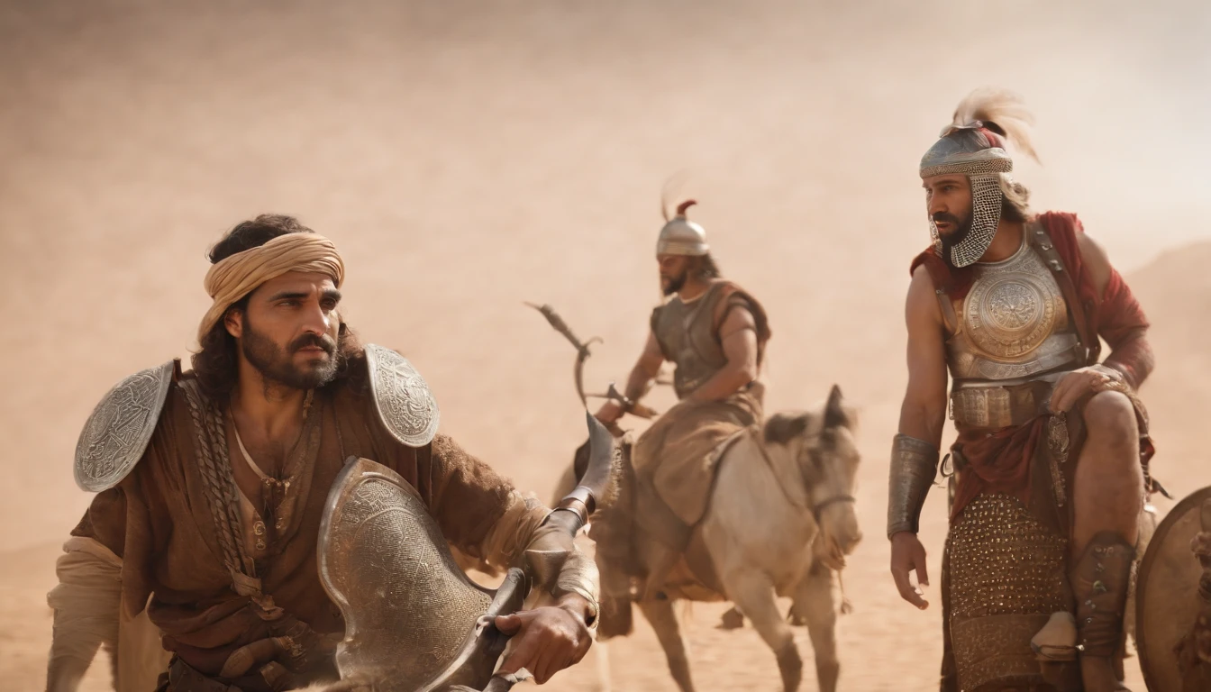 (best quality,4k,8k,highres,masterpiece:1.2),ultra-detailed,(realistic,photorealistic,photo-realistic:1.37),arabian warrior,man,shield,sword,sand desert,bearded,strong,confident,medieval attire,golden armor,ornate patterns,detailed embroidery,sand dunes,dusty atmosphere,harsh sunlight,windswept,carved handle,hilt,gleaming blade,majestic pose,heroic stance,fierce gaze,sandstorm in the distance,vivid colors,rich textures,dramatic lighting,adventure,mythology,epic battle,ancient civilization,warrior culture