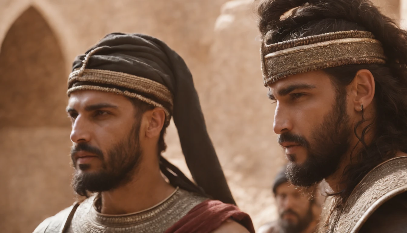 Two ancient Middle Eastern warriors looking at each other, furioso como se estivesse pronto para lutar, Realistic image, 3D rendering