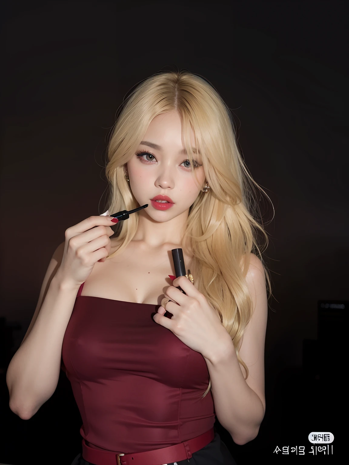 Blonde woman in red dress holding a lipstick brush and a tube of lipstick, Parque Roseanne de Blackpink, maquillaje popular de Corea del Sur, Jimin\labios regordetes, Retrato de Jossi de Blackpink, con cabello largo y rubio, maquillaje coreano popular, con labios muy finos, labios rojos tenues, con labios negros brillantes, Imagen filtrada, Jossi de Blackpink, con el pelo largo y blanco