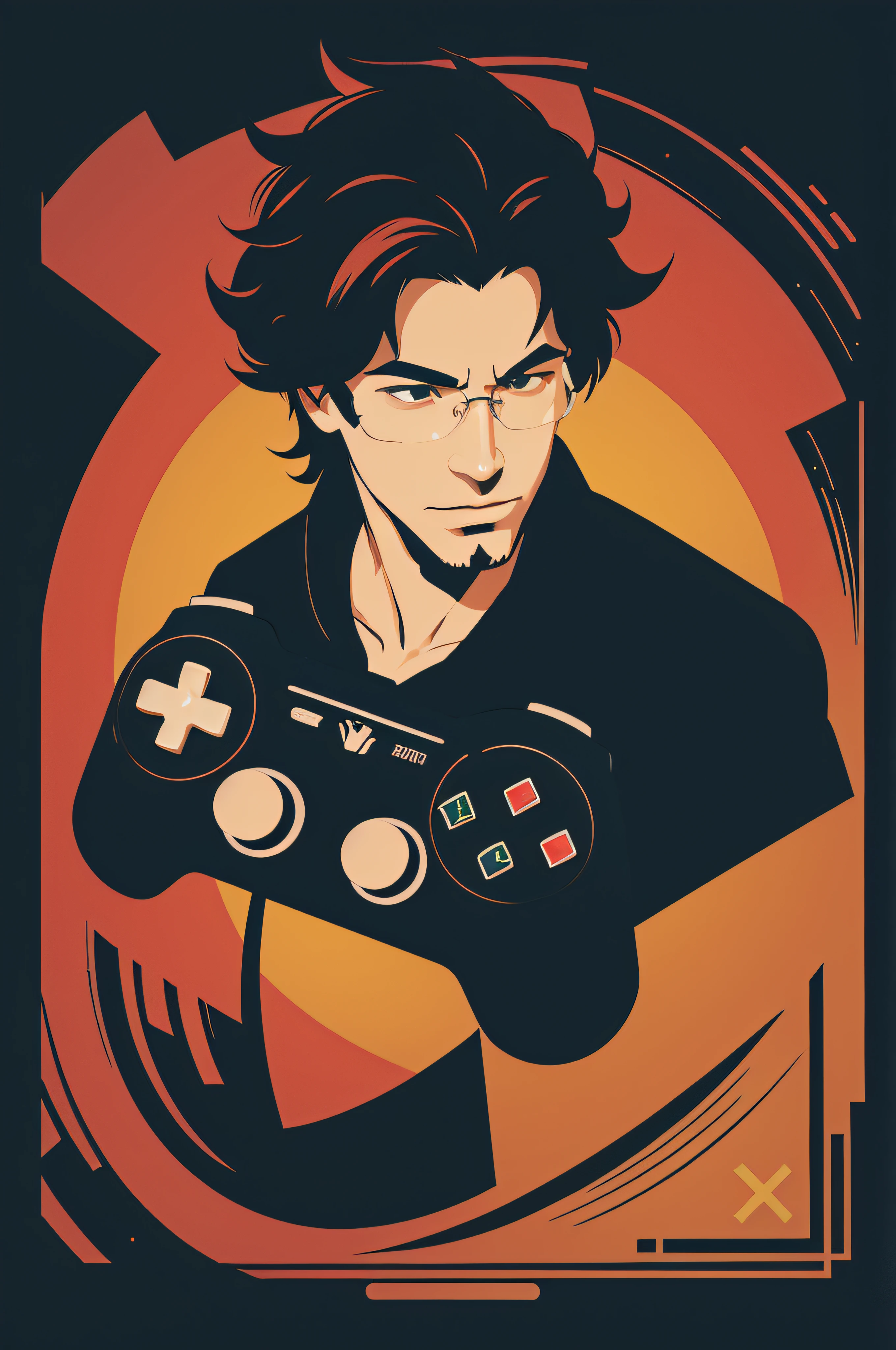 Desenhe um logotipo para o canal de jogos 'John Grimm' em um estilo minimalista. Use a simple font and add an abstract illustration of a video game controller. Mantenha a paleta de cores preta, branca e verde, The character must wear glasses.