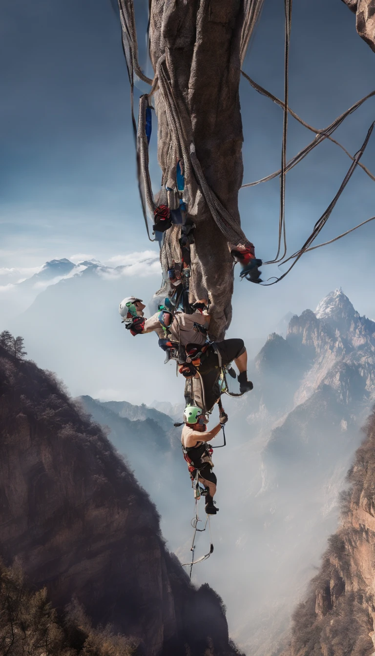 Highlight innovation and bold exploration of rescue technology in urban environments, A group of skilled climbers, Including Chinese individuals, Practice rope rescue techniques in the mountains, Challenge your limits by participating in extreme sports like rock climbing. Climbers show their bravery and tenacity as they climb the peaks, Rely on ropes for support and safety. The scene captures incredible views from the top of the mountain, Highlight breathtaking heights and challenging terrain. This tip shows the emergency response team and its efforts to rescue people in need, Cutting-edge rope rescue technology. The entire scene was shot in Ultra HD (4K, to ensure maximum detail and realism. The lighting in the scene is carefully set in a studio-like environment, Enhance visual impact. The tip highlights the involvement of the International Association of Rope Technology., highres, masterpiece