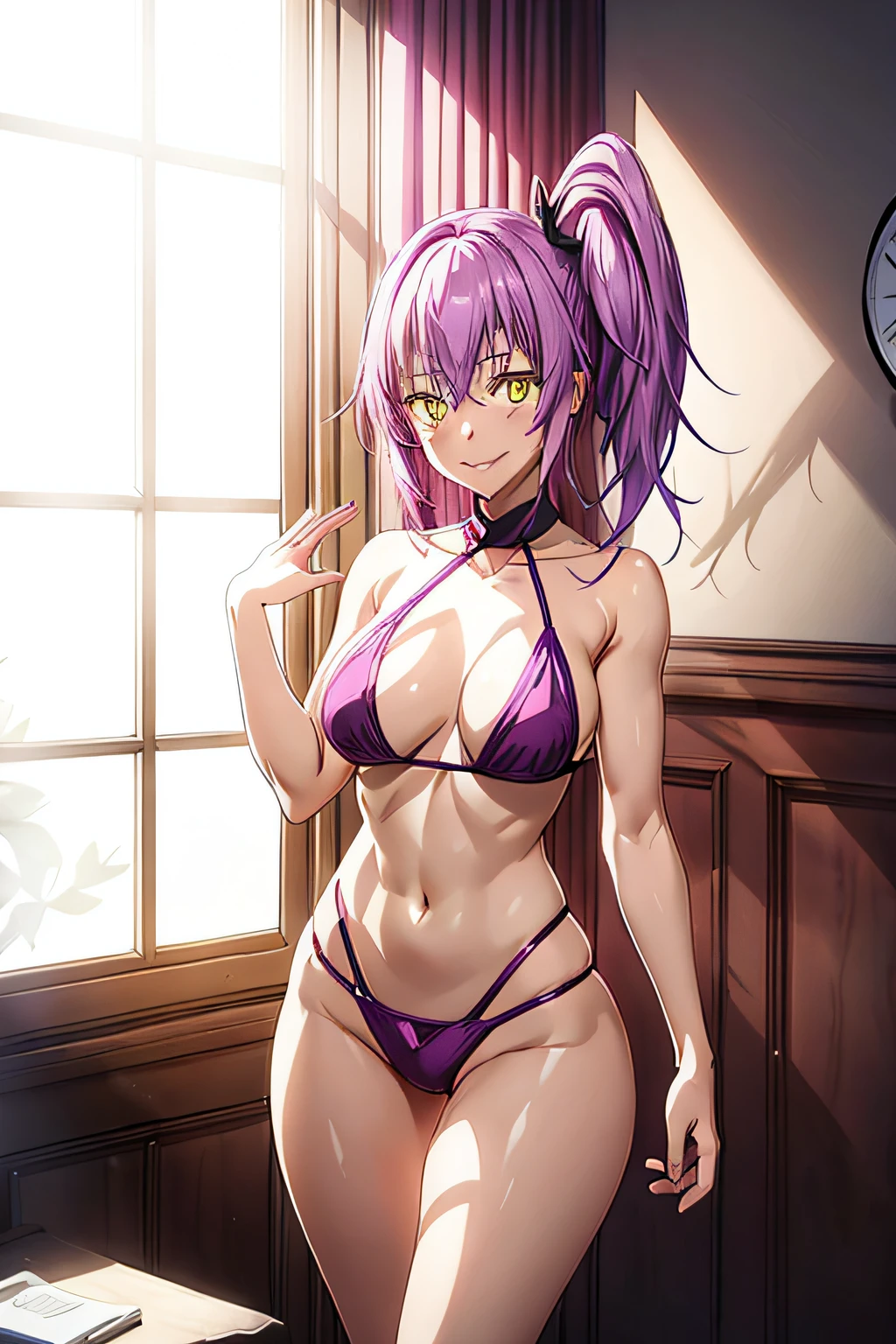 girl from an anime with purple hair, in the room with her hands on her hips, big ass, 1girl, solo, smiling at me, yellow eyes, petals, pink hair, ((tension)), ((last)), wearing a thong bikini, side ponytail, toned legs, thick muscular thighs, thin waist, muscular belly, barefoot, 8K, ultra realistic, standing