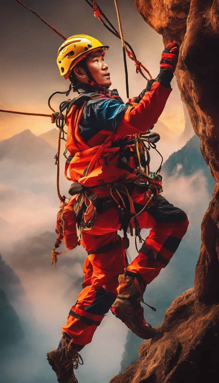 chineseidol,People who carry out rope rescue training,(A group of climbers:1.1),Rescue operations,action sports,climbing,mountain peaks,Cord,challenge,highly,Courage,(Heroic rescue scene:1.2),Emergency Response Team,full body shot of, (Jaw-dropping effect), ,(Studio lighting), hyper HD, International Association of Rope Technology,Explore boldly,Rope rescue techniques,Create a studio-like environment, Enhance visual impact