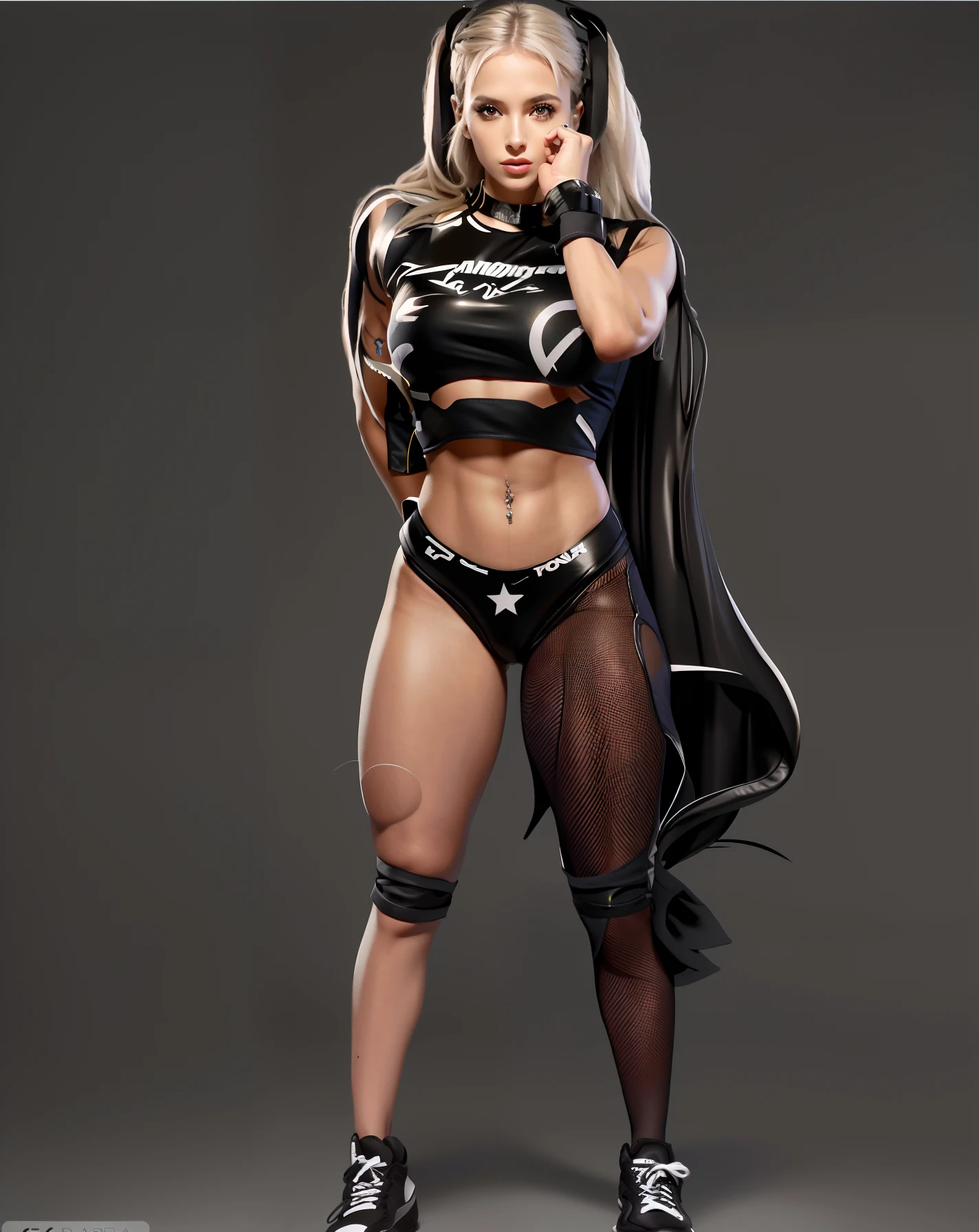 mulher araffe em um top preto e meias brancas posando para uma foto, pernas fortes, legs and arms, coxas musculosas, Coxas!!!, Coxas!!!!!!, pernas grossas, sporty physique, pernas tonificadas, pernas cheias, Angelina Stroganova, modelo fitness,  em forma, corpo forte, Posar e flexionar, tiro no meio do corpo, Pose forte, coxas expostas!!!