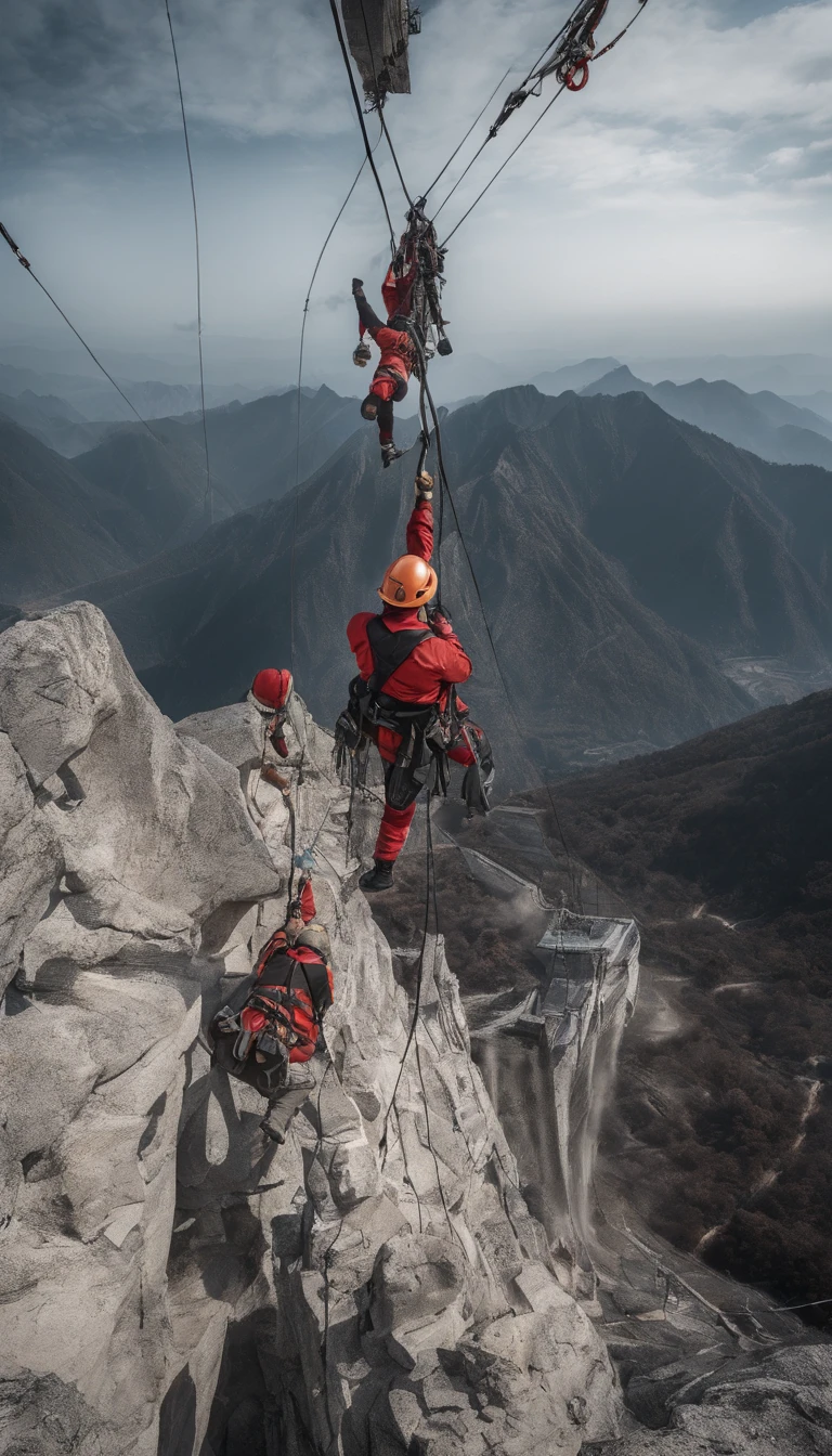 chineseidol,People who carry out rope rescue training,(A group of climbers:1.1),Rescue operations,action sports,climbing,mountain peaks,Cord,challenge,highly,Courage,(Heroic rescue scene:1.2),Emergency Response Team,full body shot of, (Jaw-dropping effect), ,(Studio lighting), hyper HD, International Association of Rope Technology,Explore boldly,Rope rescue techniques,Create a studio-like environment, Enhance visual impact
