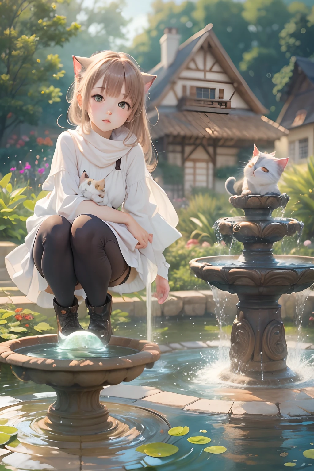 A girl, a round-eyed cute cat, Garden fountain, , Distant houses