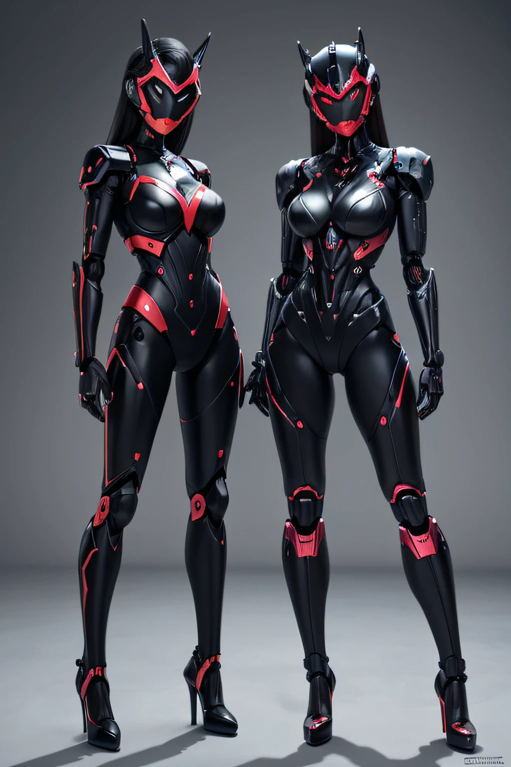 Two women transformed into evil combat robots　Machine body　mechanical limbs　High heeled feet　face is covered with a face covering、No eyes, nose, or mouth.