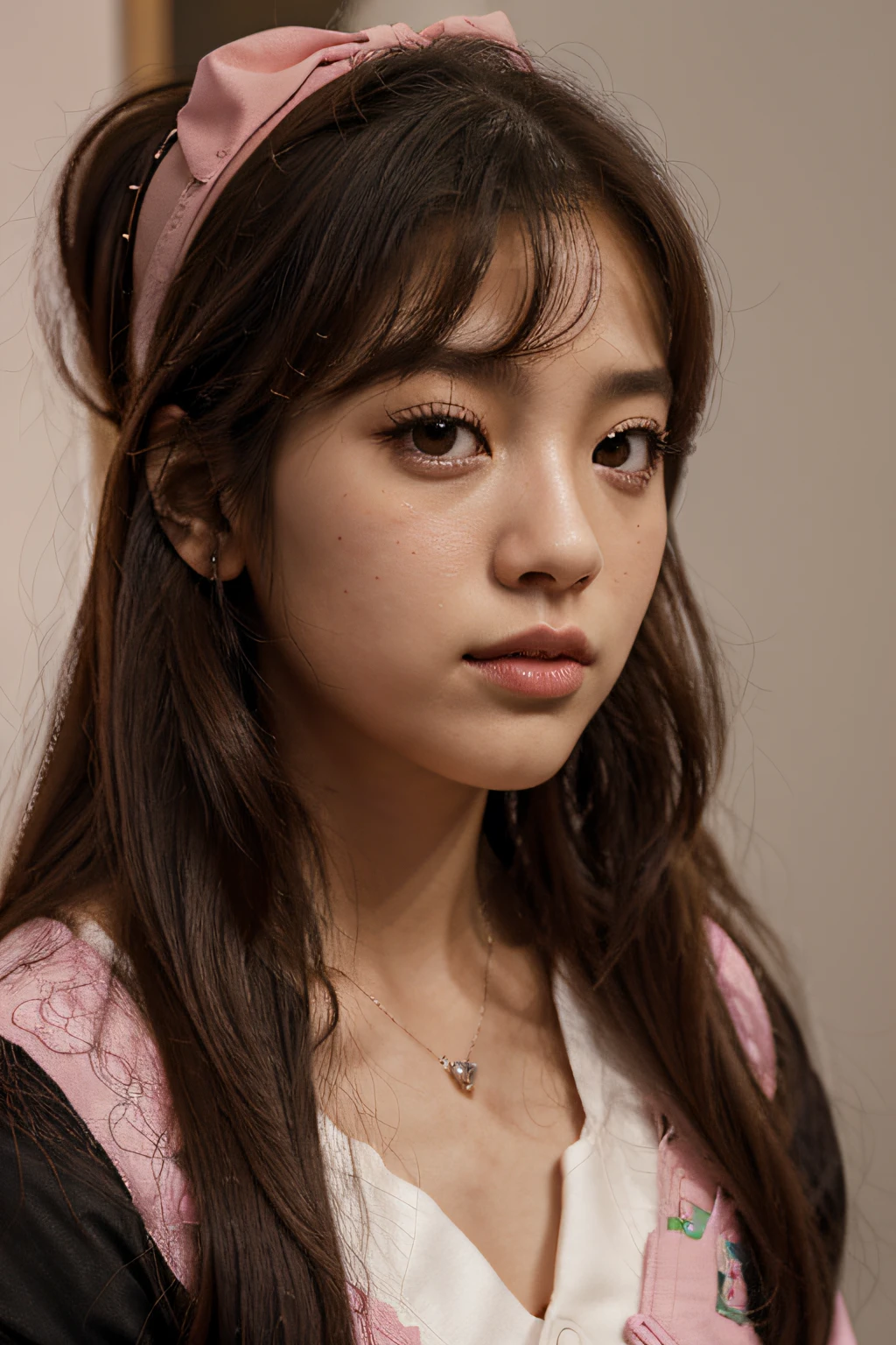 A closeup of a woman with a pink bow on her head, Parque Roseanne do Blackpink, jisoo do rosa preto, Jisoo do Blackpink, Retrato Jisoo Blackpink, Retrato de Jossi de Blackpink, jossi do rosa preto, Kim Doyoung, tzuyu de duas vezes, jia, Lalisa Manoban do Blackpink, Jinyoung Canela, rosa preto, Portrait of female Korean idol