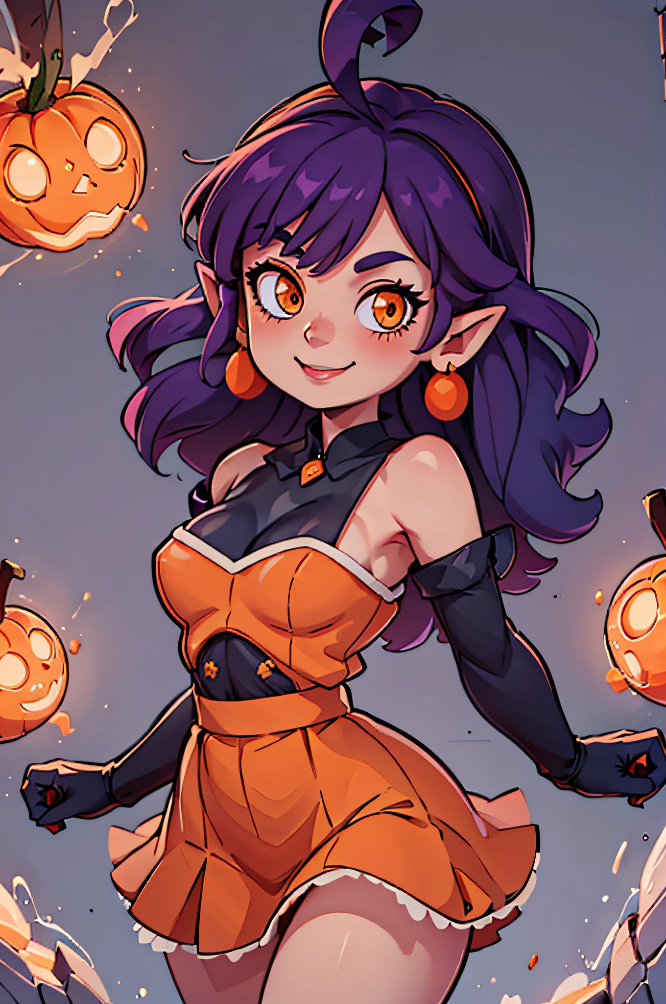 ((masterpiece,best quality)), absurdres,
<lora:Stardust_Pumpkins_Citron_OC_Anime:0.8>, Stardust_Pumpkins_Citron_OC,
1girl, solo, long purple hair, orange eyes, ahoge, pointy ears, orange dress, elbow gloves, bare shoulders, maid headdress, jewelry, earrings,
solo, smiling, looking at viewer, cowboy shot,
cinematic composition, , contrapposto,
