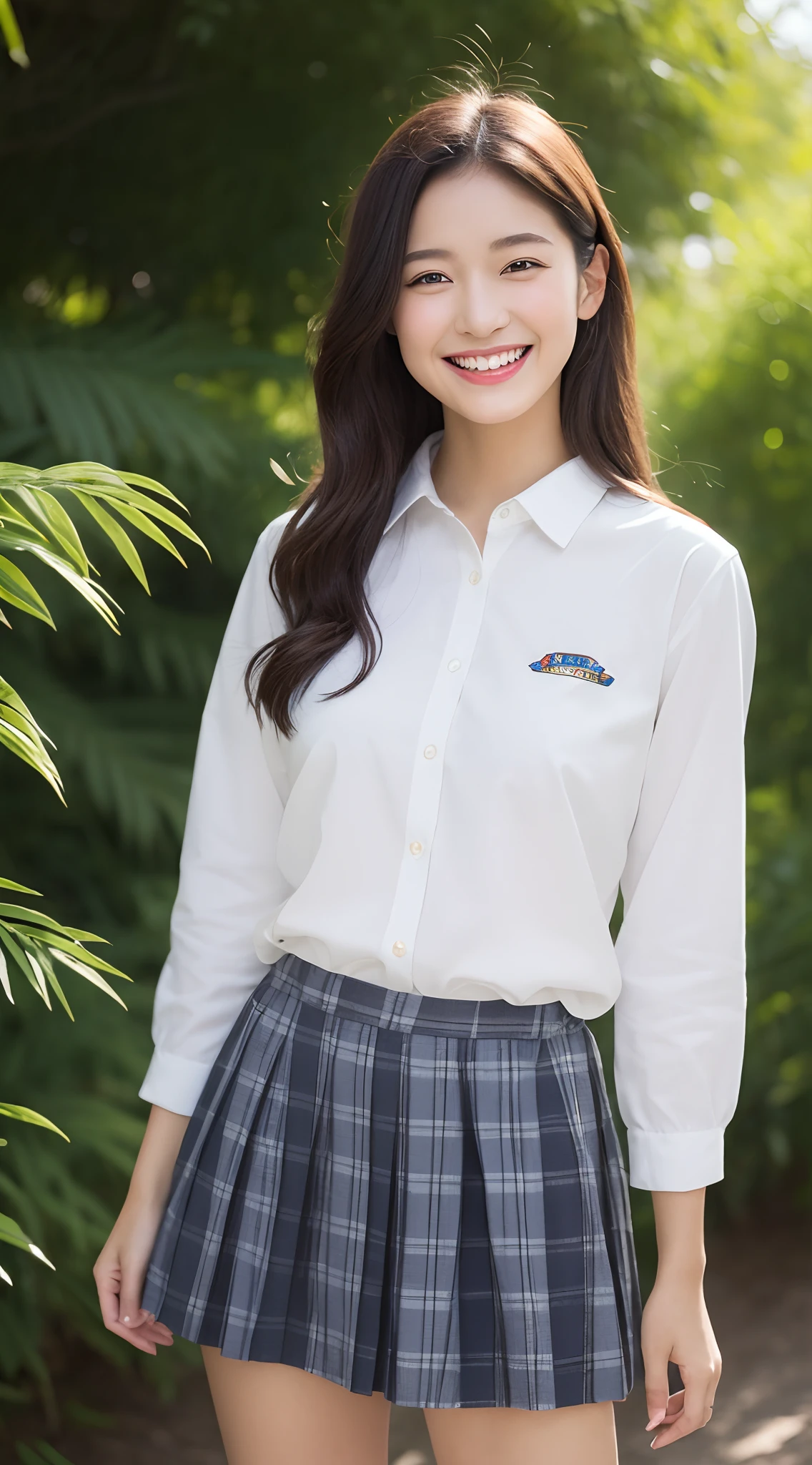 (((Top image quality、8K、1人の女性)))、((Beautie、Beautuful Women、cute little))、Japan school uniform、Sexy legs、Wearing a uniform、Random Poses、Colored leaves、nature backdrop、modeled、独奏、nightcity、Stylish clothes、Fashionable clothes、natural make up、20yr old、japanes、A smile、ssmile