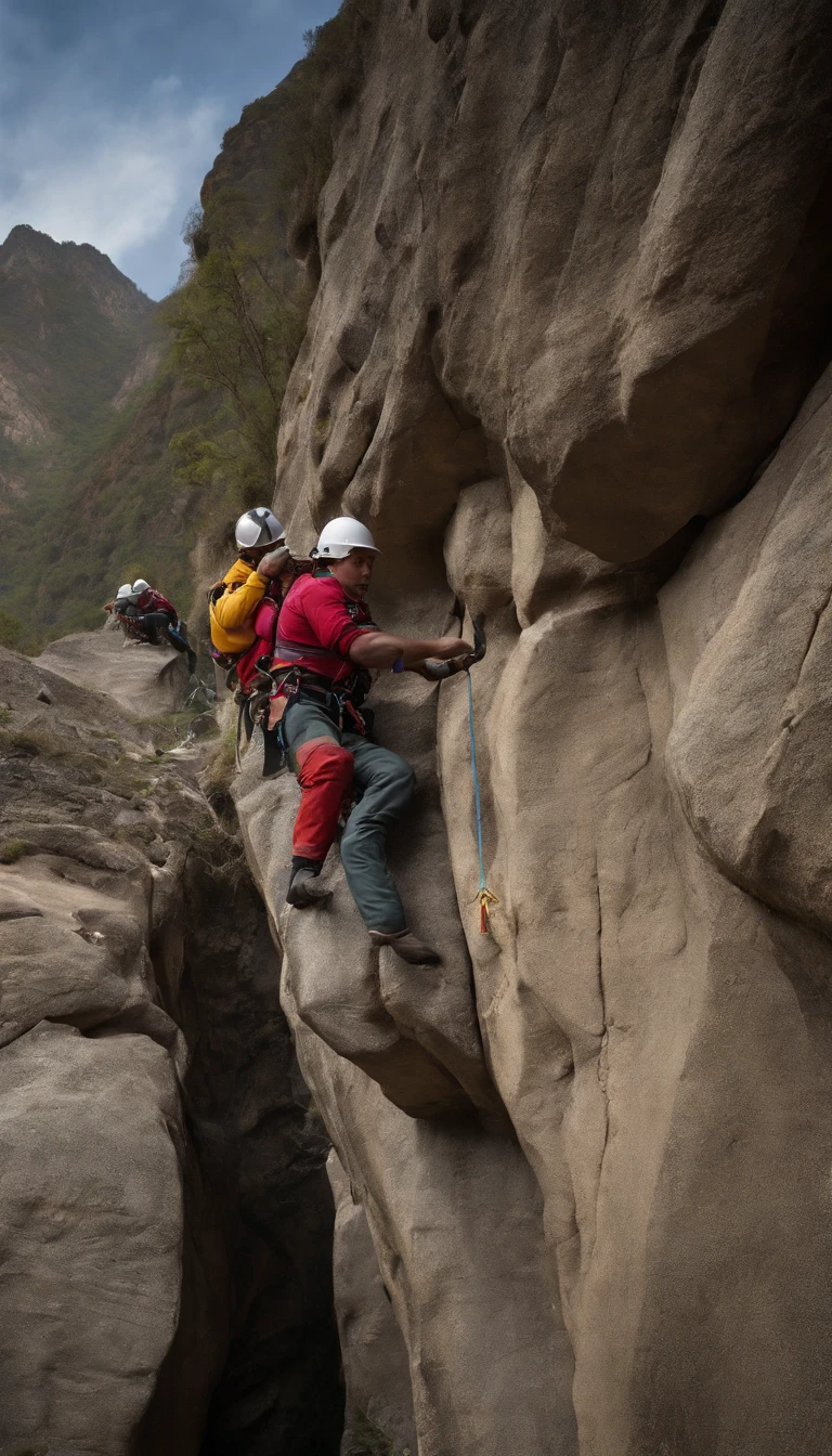 chineseidol，People who carry out rope rescue training，(A group of climbers:1.1),Rescue operations,action sports,climbing,mountain peaks,Cord,challenge,highly,Courage,(Heroic rescue scene:1.2),Emergency Response Team,full body shot of, (Jaw-dropping effect), ,(Studio lighting), hyper HD, International Association of Rope Technology,Explore boldly,Rope rescue techniques，Create a studio-like environment, Enhance visual impact