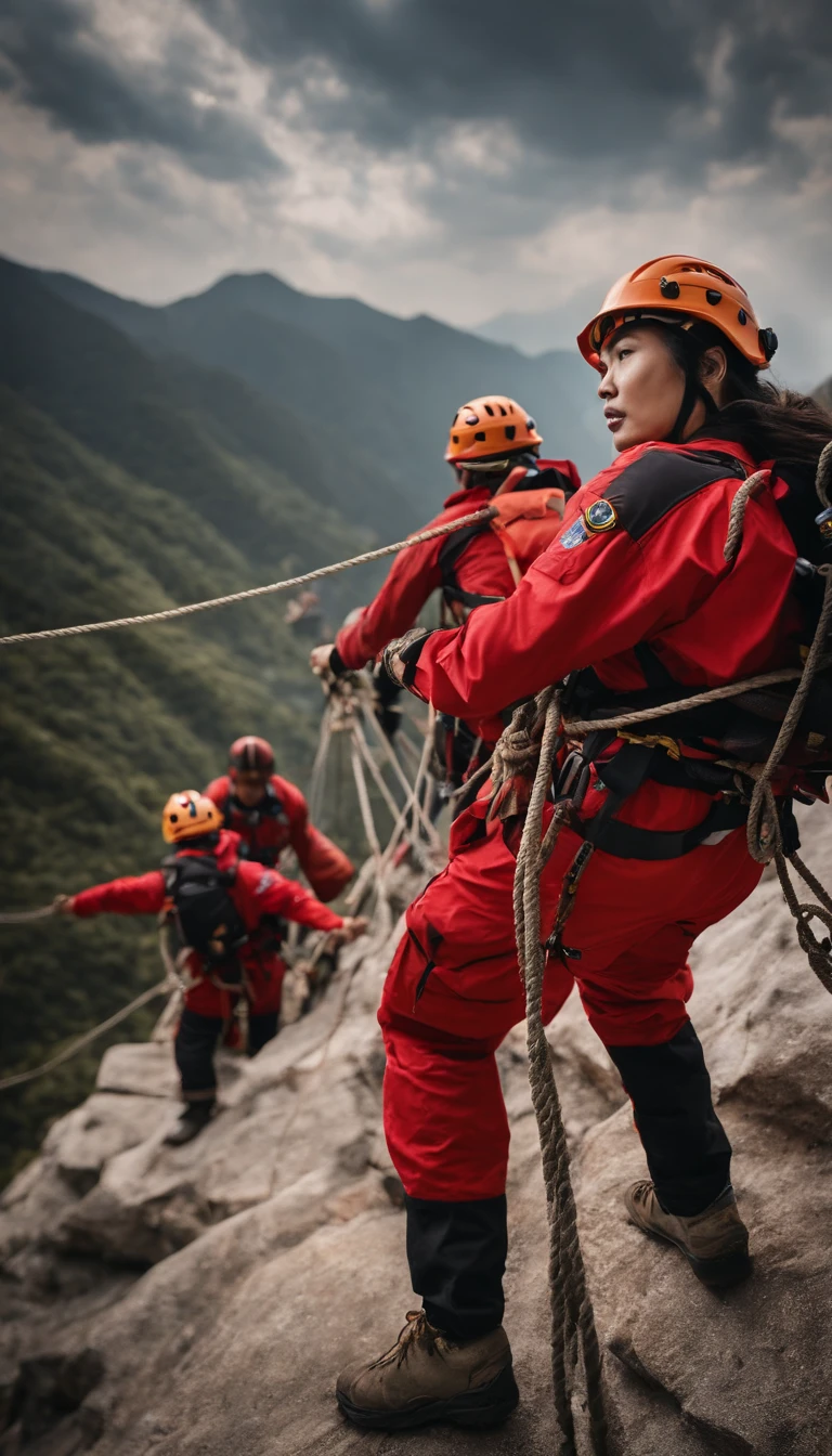 Personnel conducting rope rescue training,(A group of climbers:1.1),Rescue operations,action sports,Climbing,Cord,Courage,(Heroic rescue scene:1.2),Emergency Response Team,full body shot of, (Jaw-dropping effect), ,(Studio lighting), hyper HD,