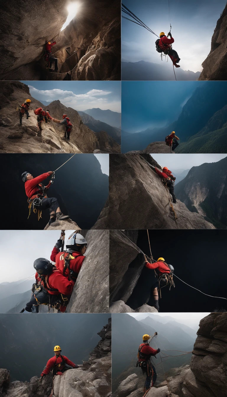 chineseidol，People who carry out rope rescue training，(A group of climbers:1.1),Rescue operations,action sports,climbing,mountain peaks,Cord,challenge,highly,Courage,(Heroic rescue scene:1.2),Emergency Response Team,full body shot of, (Jaw-dropping effect), ,(Studio lighting), hyper HD, International Association of Rope Technology,Explore boldly,Rope rescue techniques，Create a studio-like environment, Enhance visual impact