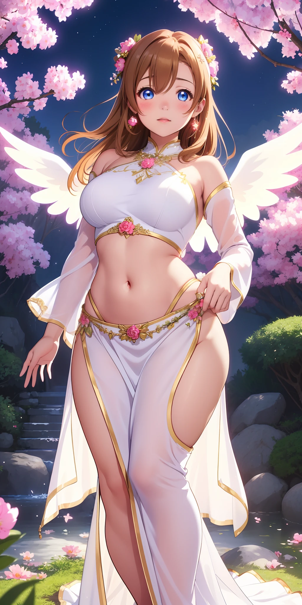 (best quality, realistic:1.2), kousaka honoka, long hair, stunning eyes, mesmerizing glowing eyes, long dress with sleeves, midriff, delicate blush, enchanting night scenery, blooming flowers under the moonlight, warm sunlight filtering through the branches and casting a gentle glow, (curvy body), goddess, goddess wings