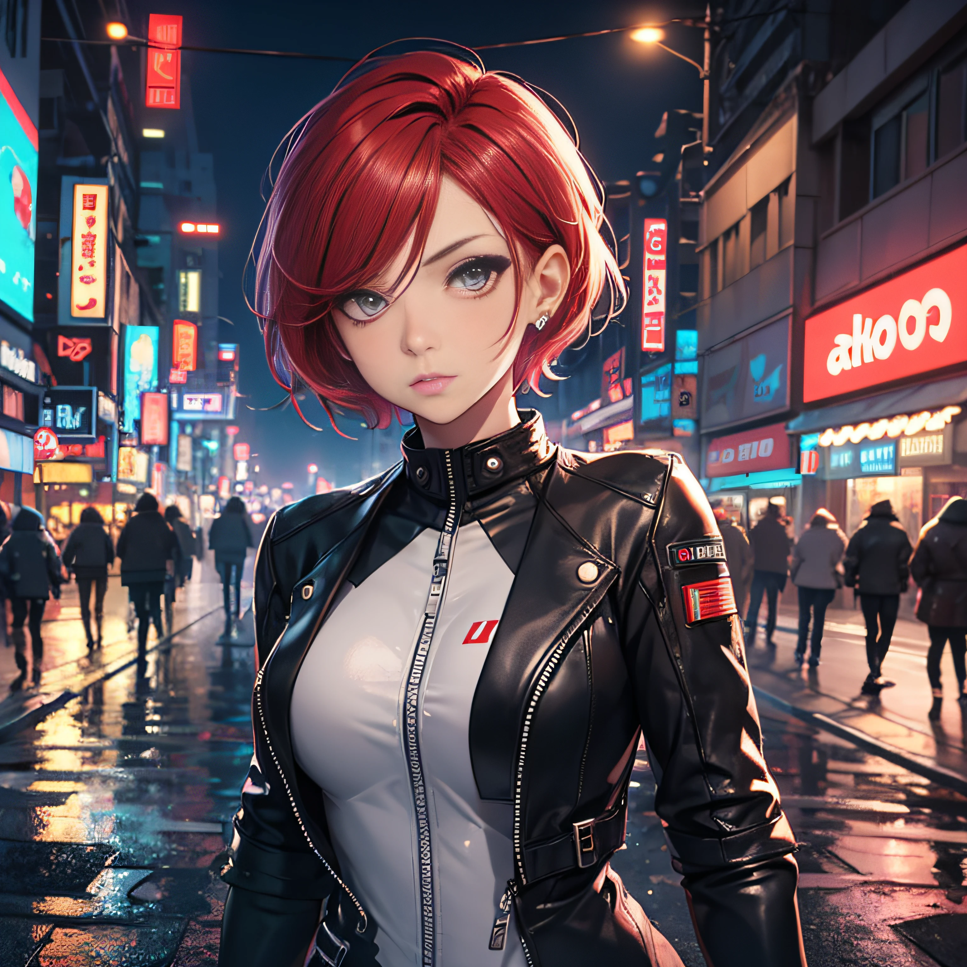 biker girl, motorcycle, Leather one-piece garment, Short hair, Dark colors, Cyberpunk, Neon lights, Red hair, Sexy, tightsuit, Night, the city street, mitts, rain