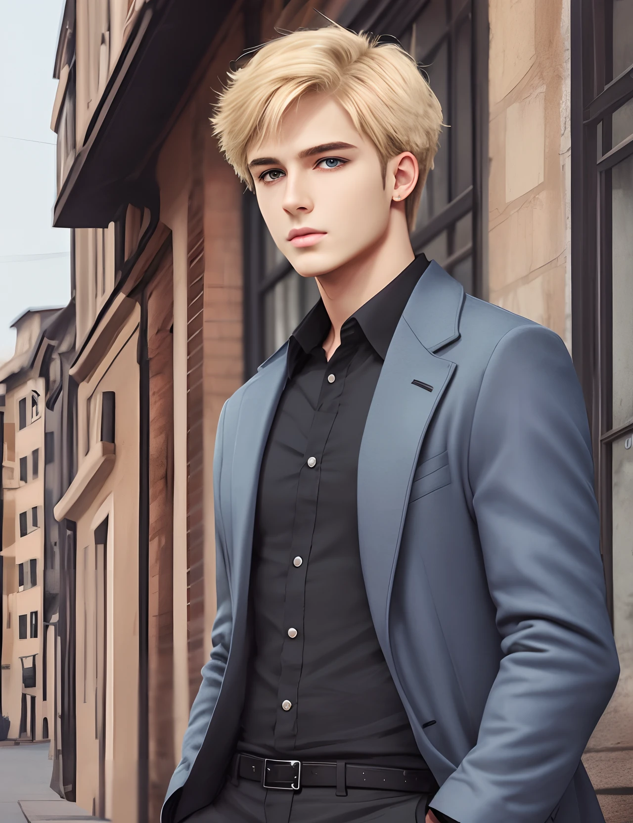 realistic, man 21 years old blue eyes short blonde hair, no beard, black coat black blouse --auto --s2