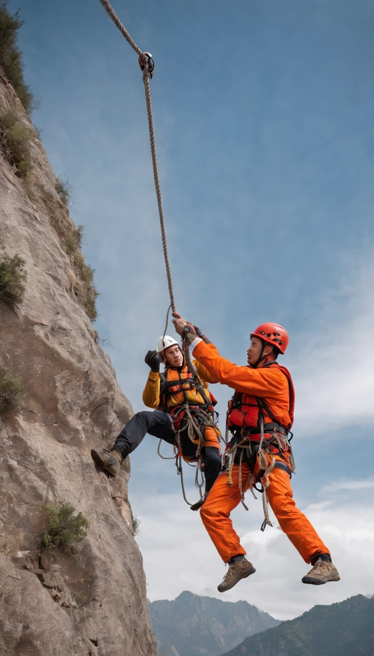 chineseidol,People who carry out rope rescue training,(A group of climbers:1.1),Rescue operations,action sports,climbing,mountain peaks,Cord,challenge,highly,Courage,(Heroic rescue scene:1.2),Emergency Response Team,full body shot of, (Jaw-dropping effect), ,(Studio lighting), hyper HD, International Association of Rope Technology,Explore boldly,Rope rescue techniques,Create a studio-like environment, Enhance visual impact