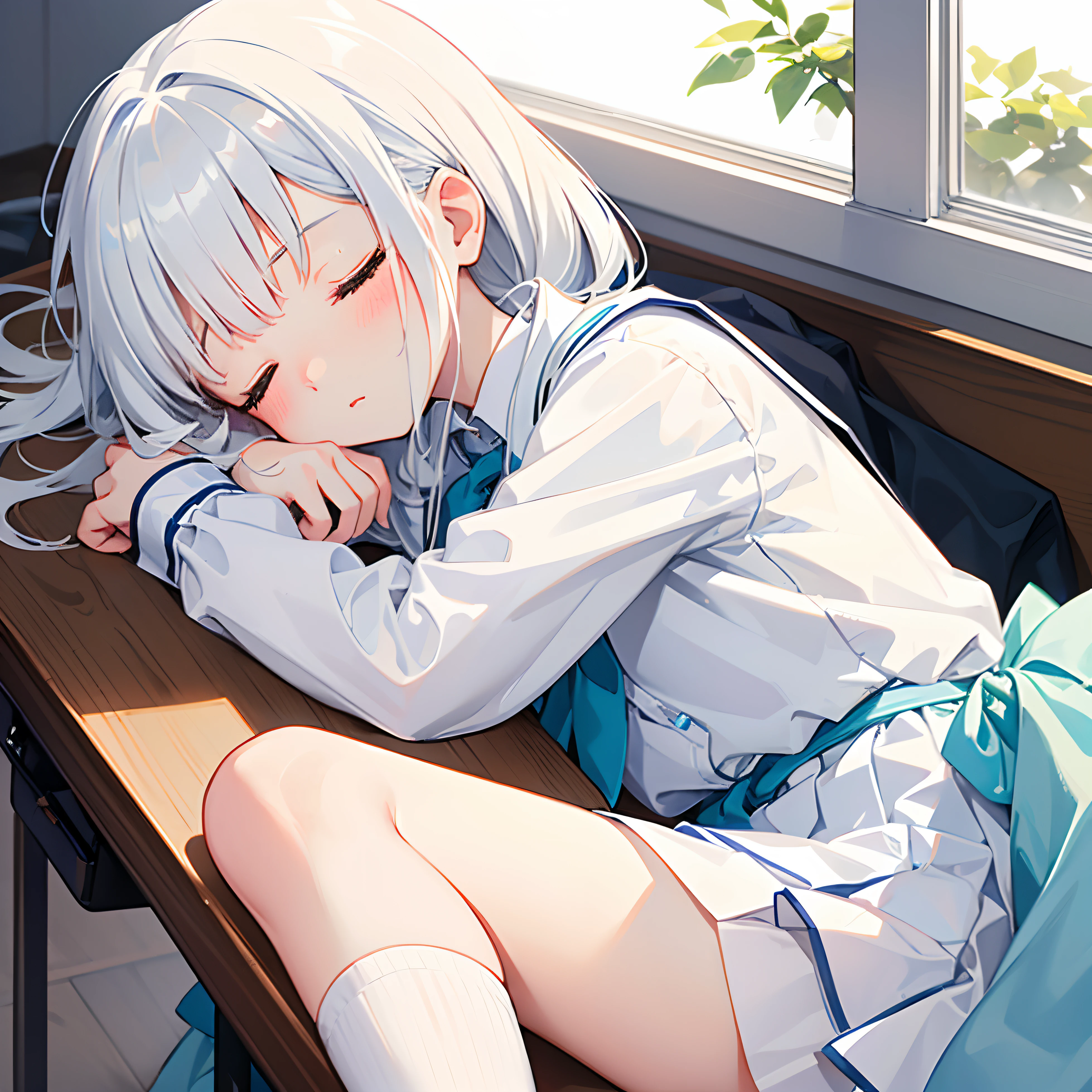 a cute girl, white hair, white and blue school uniform, she is sleeping peaceful, Image focused on her face, eyes closed, sleeping cutely, on a school desk